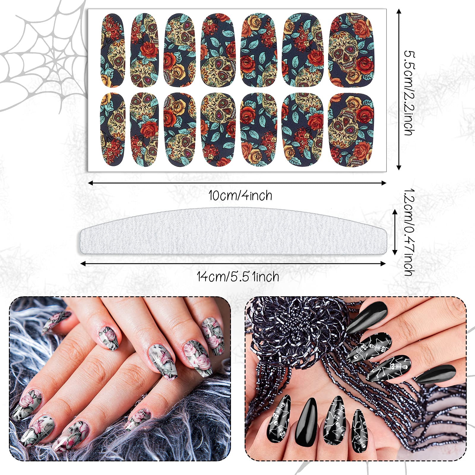 Maitys 168 Pieces Halloween Skull Full Wrap Nail Stickers Diy Gothic Nail Polish Strips Stickers Self Adhesive Full Wraps With N