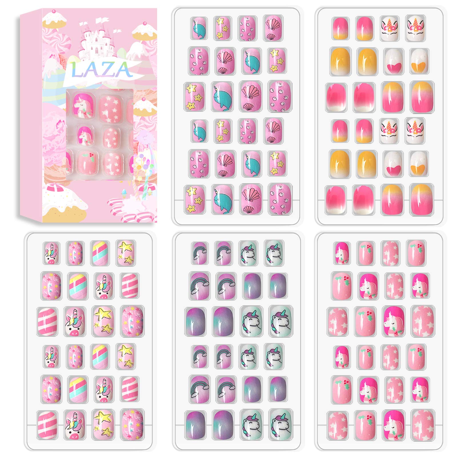 Laza 120pcs Children Nails Press On Pre-glue Full Cover Glitter Gradient Color Rainbow Sparkling Star Unicorn Shell Short False