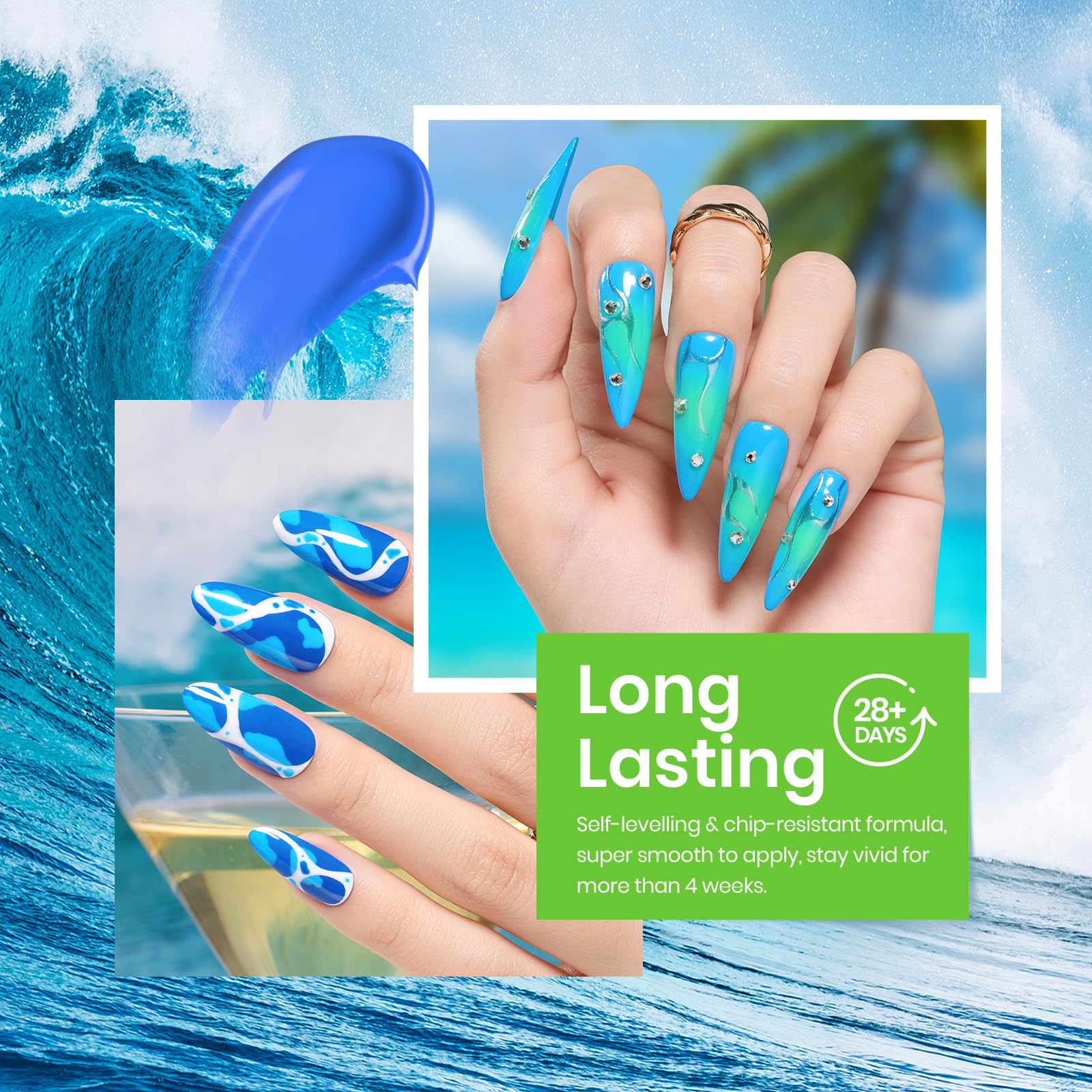 Beetles Summer Blue Gel Nail Polish, 6 Colors Shimmer Swirl Pacific Blue Glitter Blue Green Gel Polish Swirl Shell Thread Effect