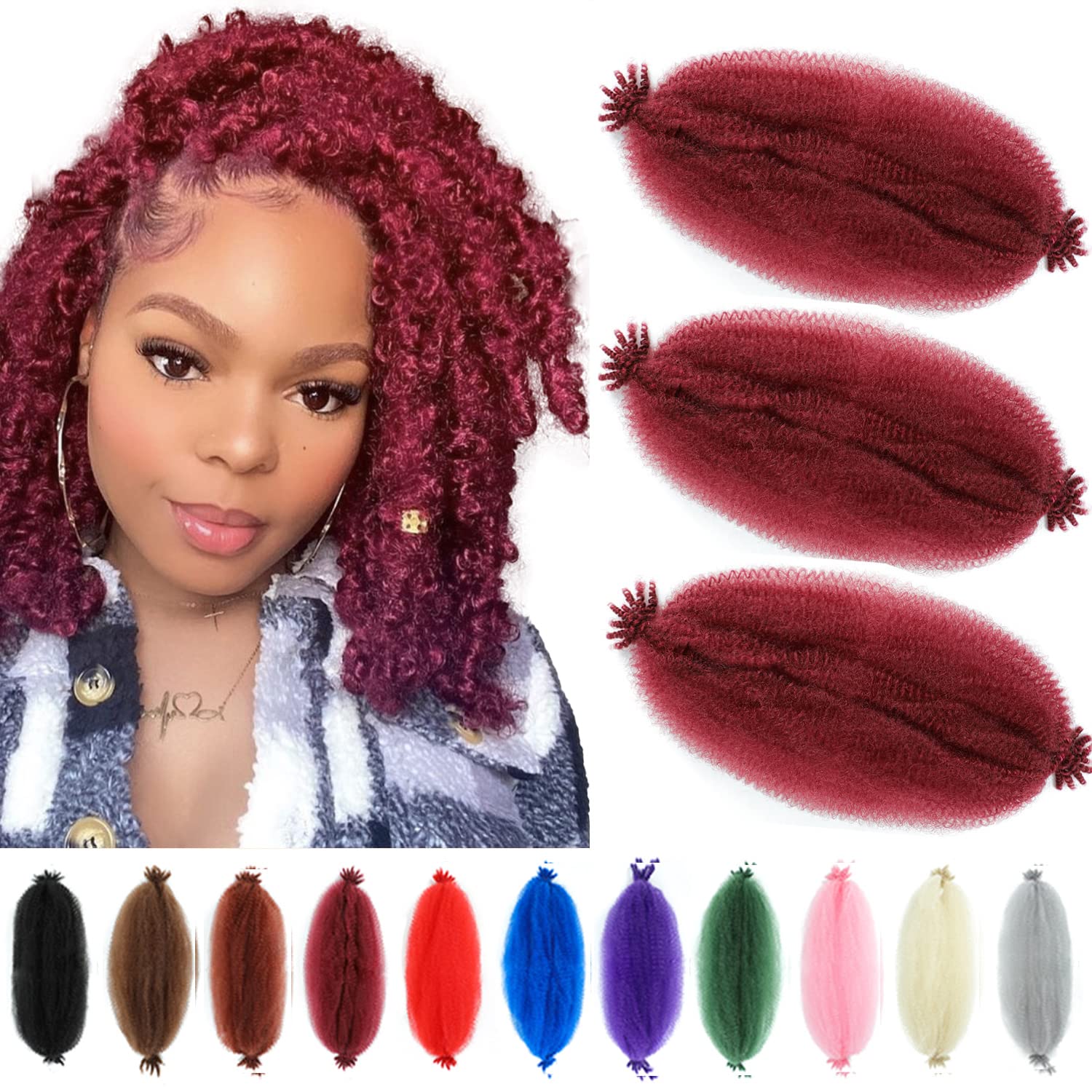 Springy Afro Twist Hair 12 Inch 3 Packs Burgundy Color Pre Fluffed Marley Twist Braiding Hair for Black Women (12 inch, Burgundy