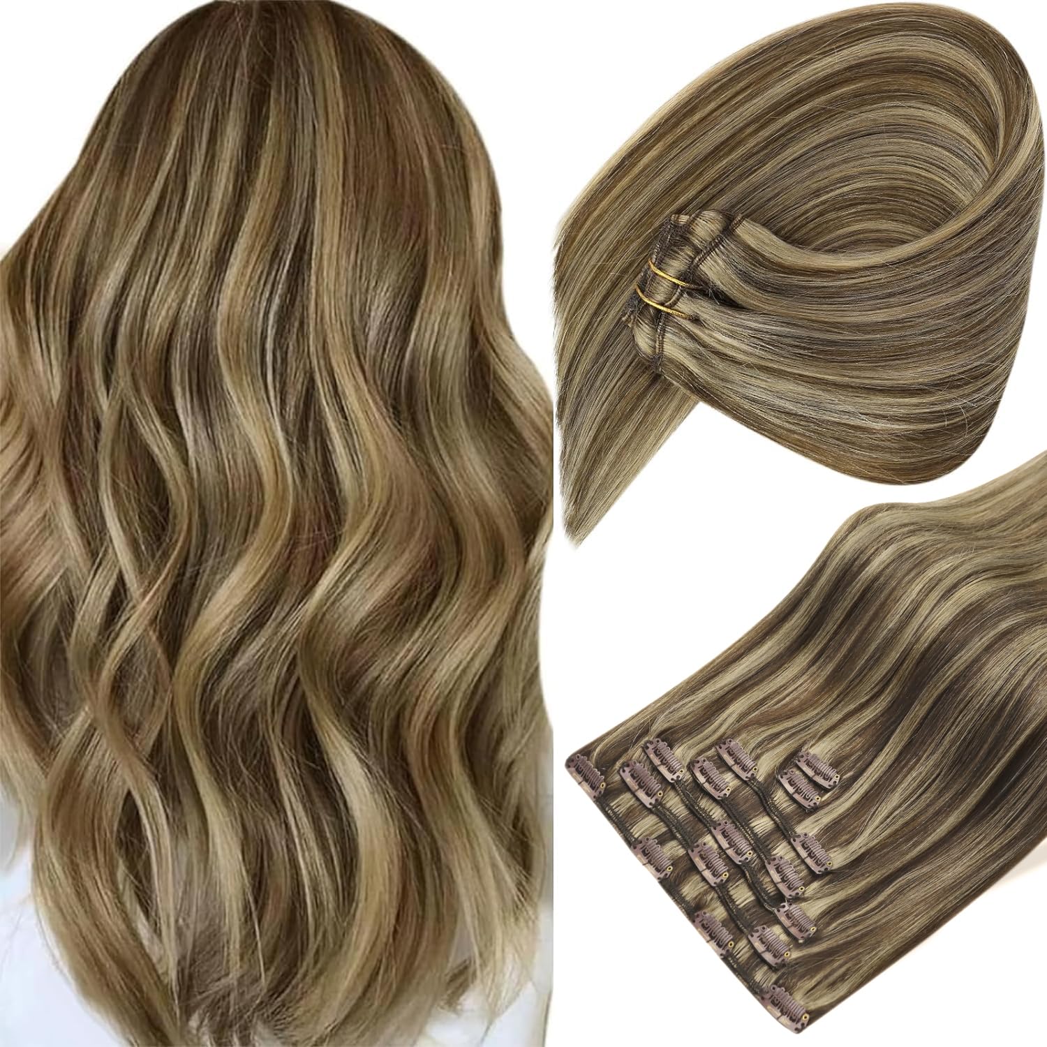 Sunny 150g Clip in Hair Extensions Real Human Hair Highlights Hair Extensions Clip in Human Hair Dark Brown with Caramel Brown H