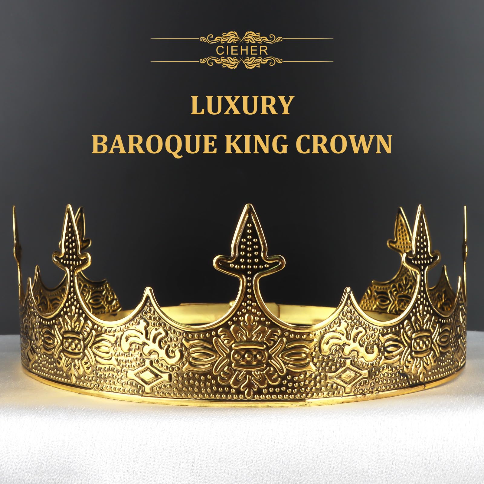 King Crown, Cieher King Crowns For Men Baroque Royal Crown (Adjustable Size) Prom Crown Prince Tiara Evil Crown For Birthday Kin