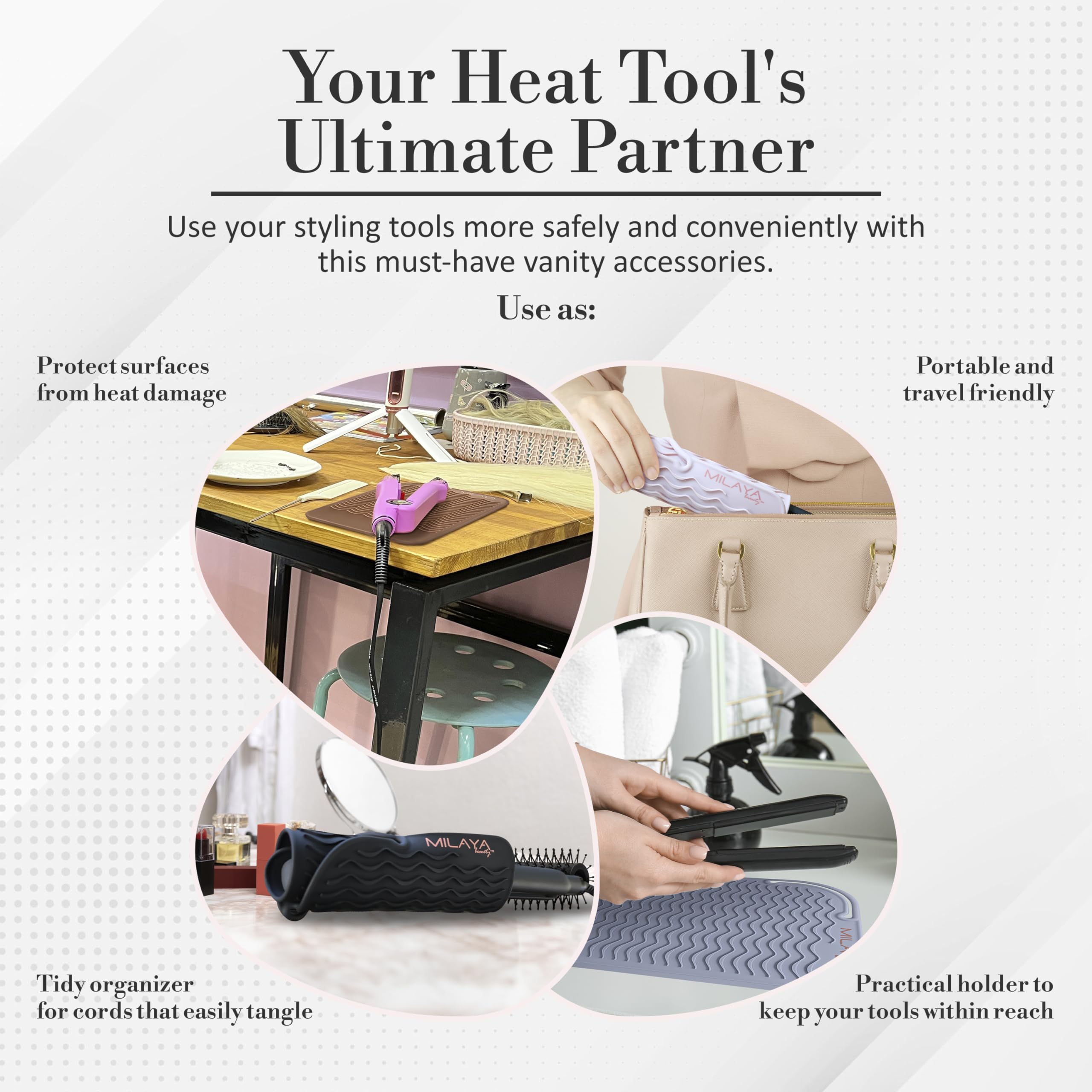 Milaya Beauty Heat Resistant Mat - Silicone Curling Iron Holder - 11"x7.5" - Rose Gold - Model 1002