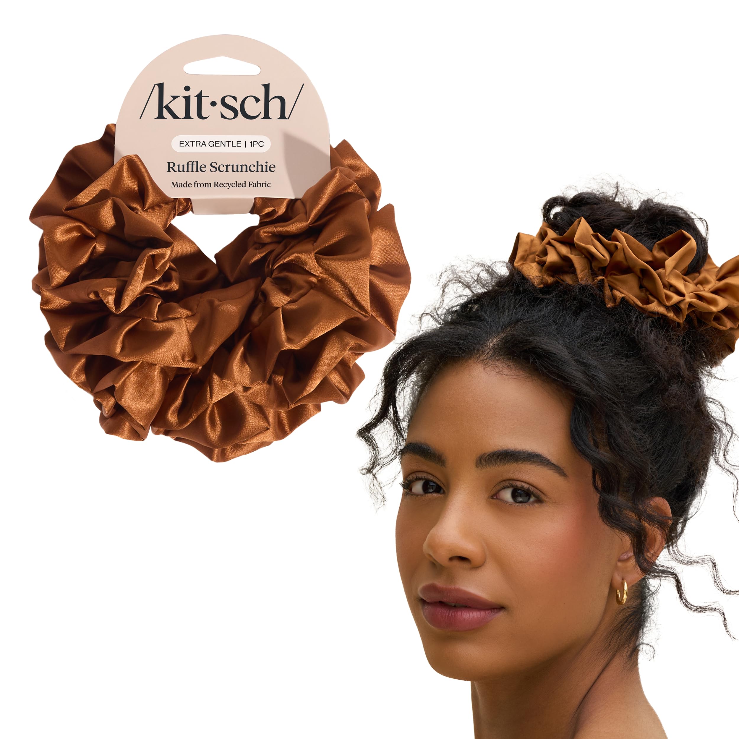 Kitsch Recycled Satin Ruffle Scrunchie - Gentle Hair Scrunchie for Women, Eco-Friendly Hair Tie No Damage, Stylish Ponytail Hold