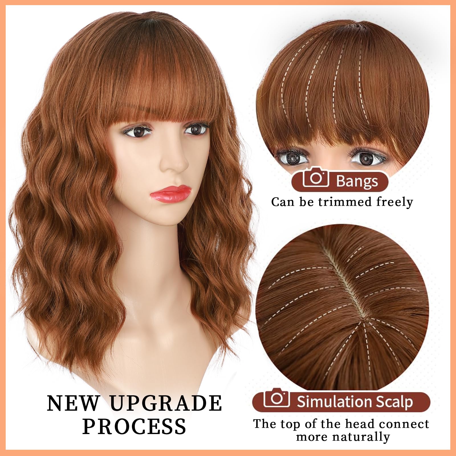 Lativ Auburn Wig With Bangs Short Bob Wigs For Women Shoulder Length Ginger Wavy Curly Wigs Synthetic Fiber Wigs 14 Inches For D