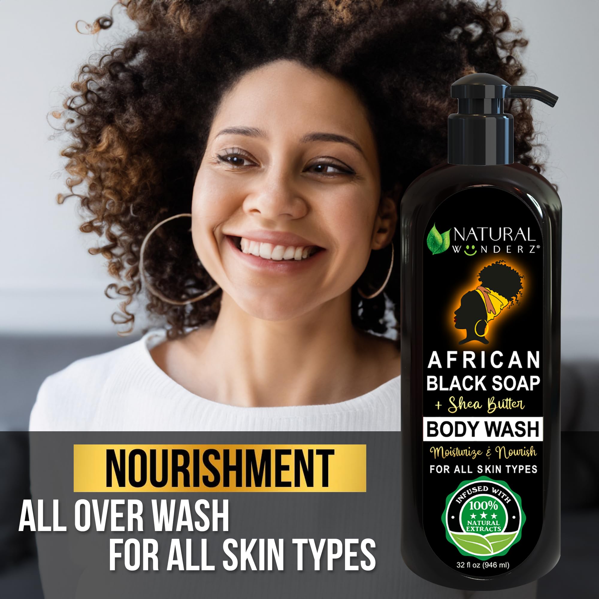 Natural Wunderz Body Wash With African Black Soap And Shea Butter, 32 Fl Oz Shower Gel, Promotes Acne Treatment, Contains All Na
