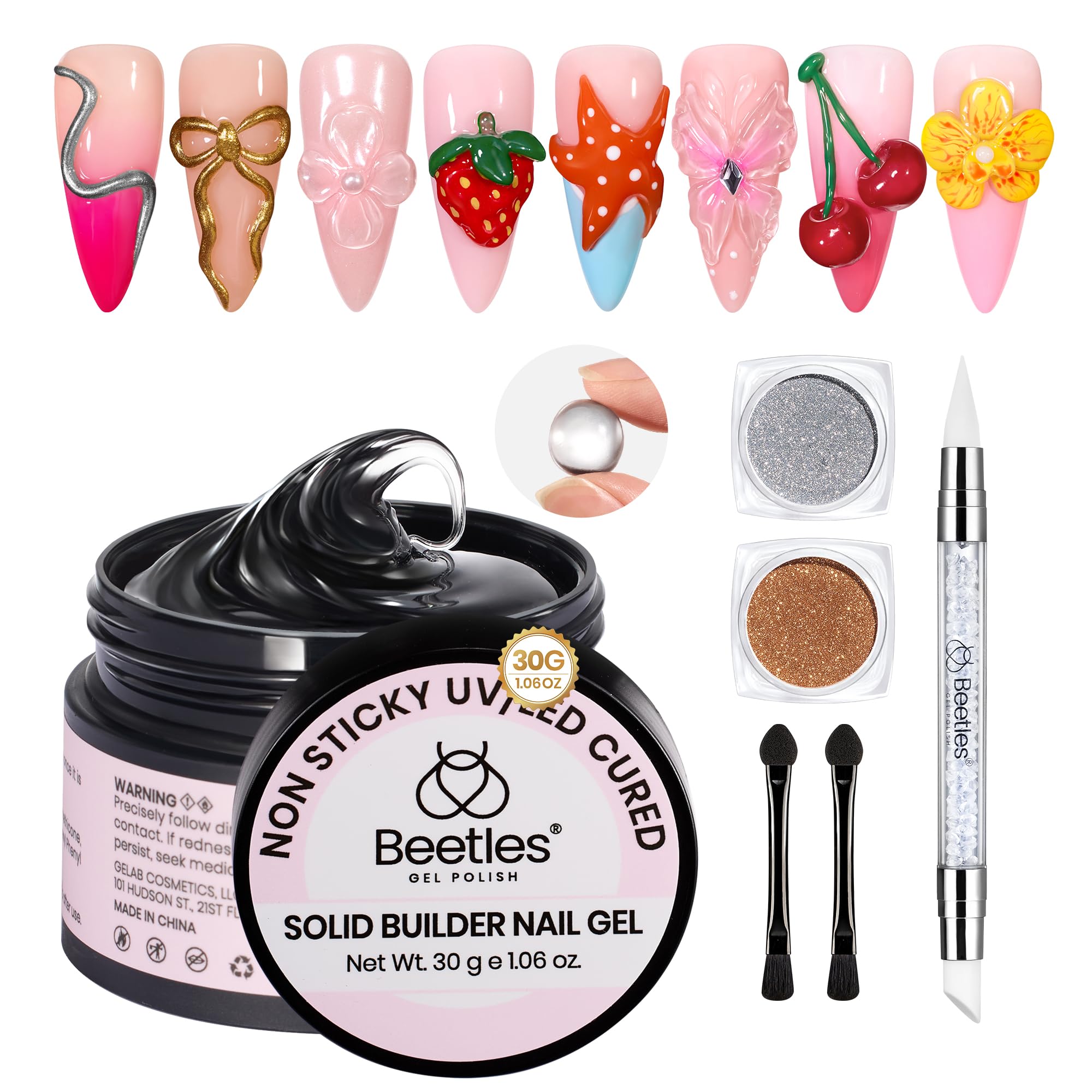 Beetles Solid Builder Gel for Nails, 30g Clear Hard Gel Non-Sticky Sculpting Gel, 3D Gel Nail Art Building Gel with Chrome Nail 