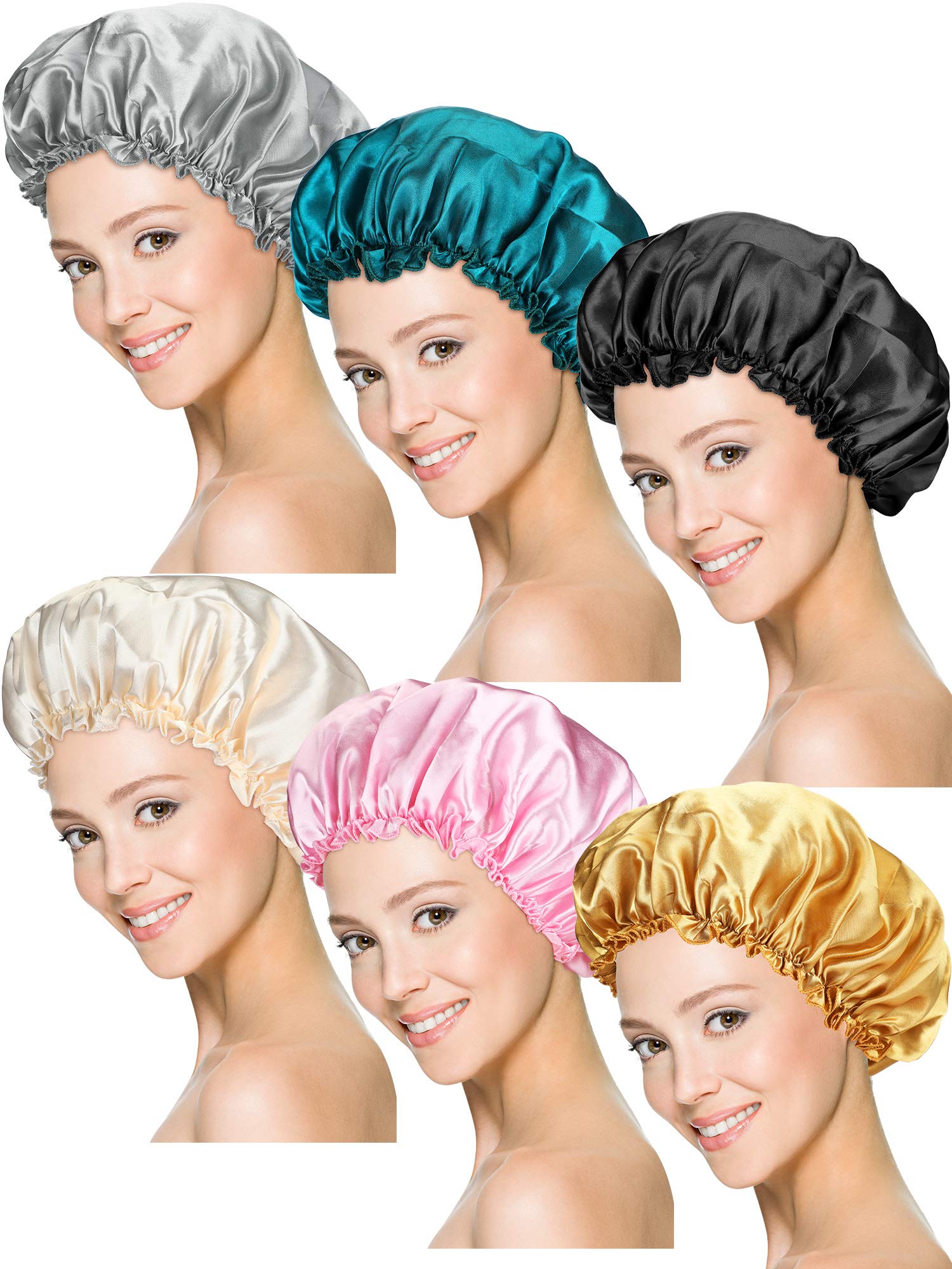 6 Pieces Sleep Cap Satin Bonnet Sleeping Hat Soft Elastic Night Hair Cover for Women Girls (Black, Beige, Silver, Gold, Pink, Pe