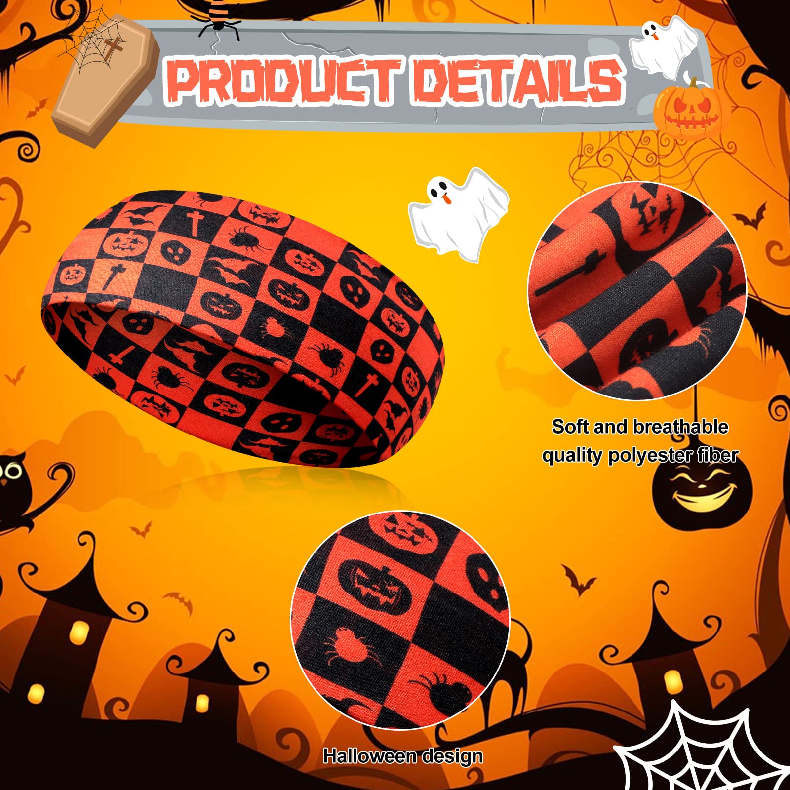 Waydress 12 Pcs Halloween Headbands for Women Halloween Hair Accessories Pumpkin Ghost Skeleton Stretchy Breathable Non Slip Hai