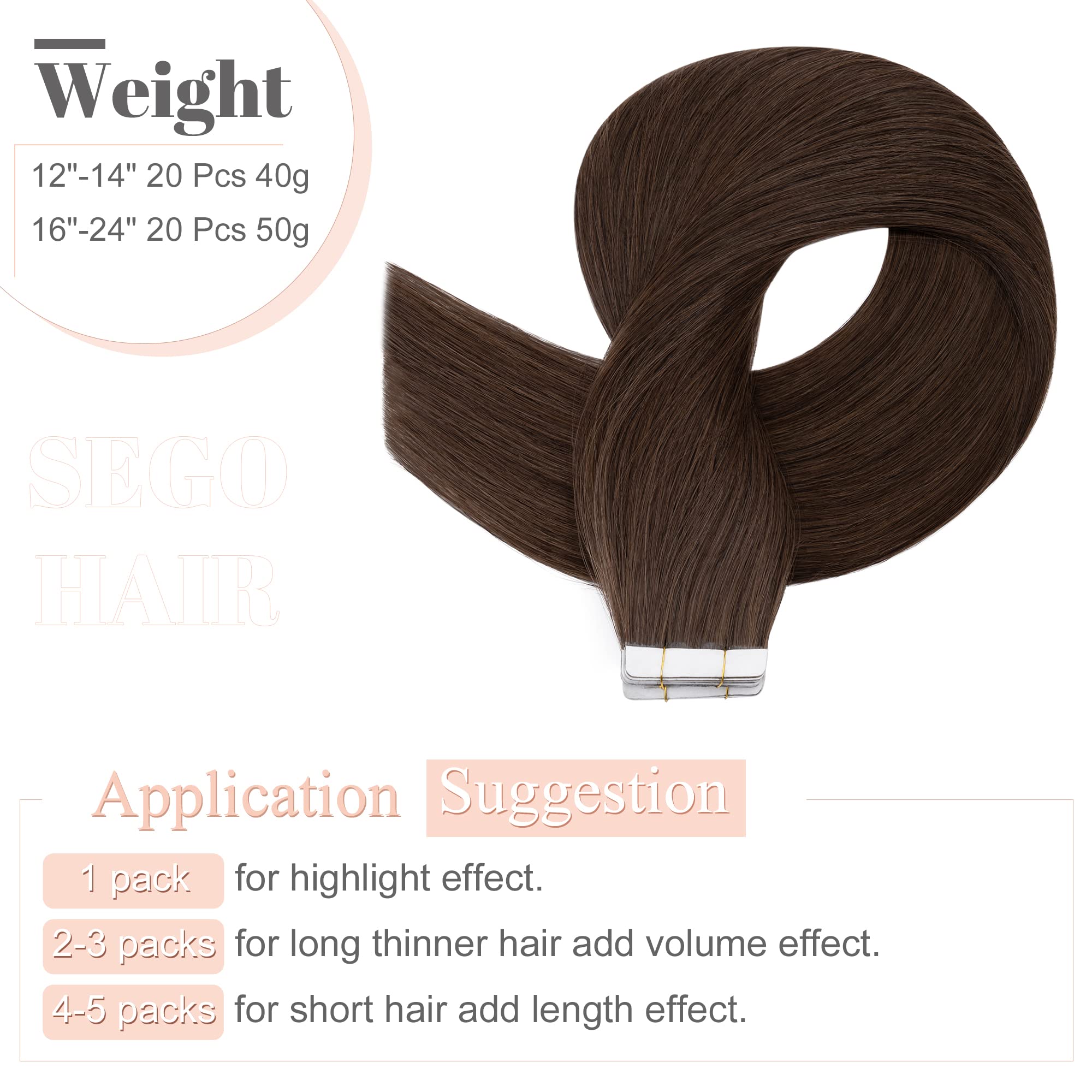 Sego 20 Inch Tape In Hair Extensions Human Hair 100G 40Pcs Straight Natural 100% Remy Rooted Seamless Skin Weft Invisible Double