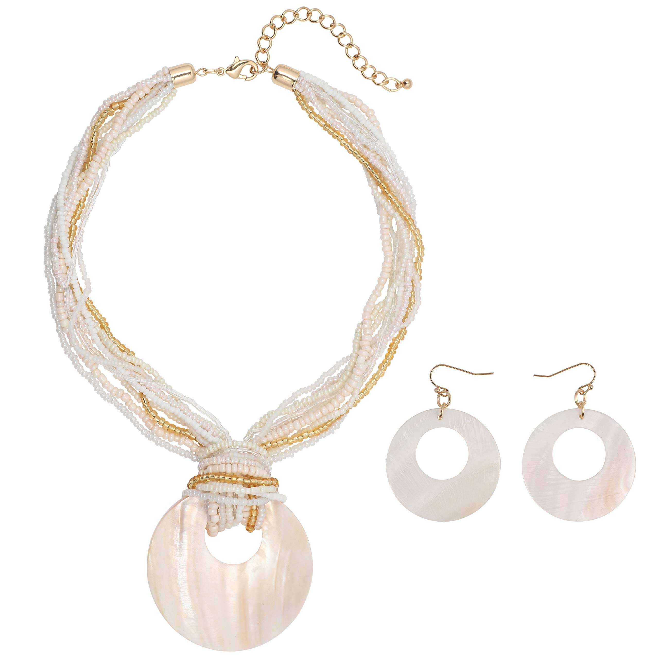 Coiris Multi Strand Statement Colorful Beaded Necklace Earrings Set with Big Circle Shell Pendant for Women (N0055-Natural)