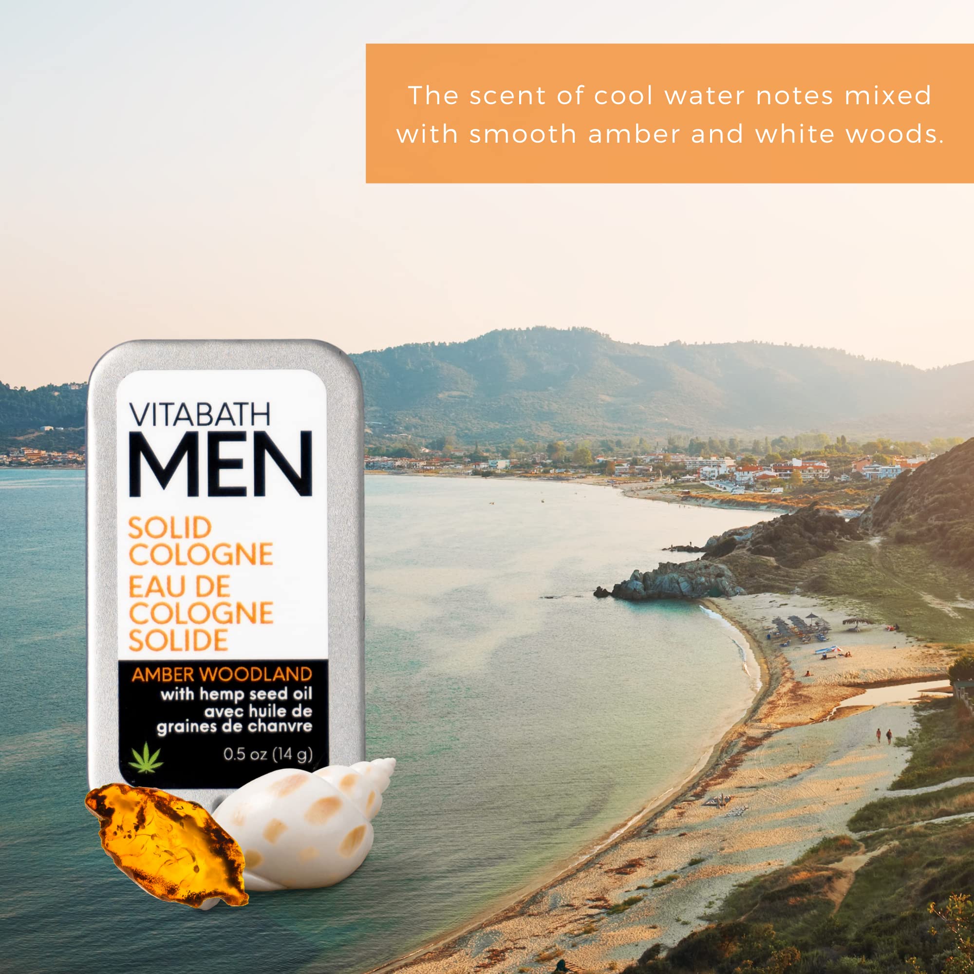 Vitabath Men's Solid Cologne Invigorating Crisp Cool Water & White Woods All Over Lasting Amber & Woodland Fragrance with Skin-L