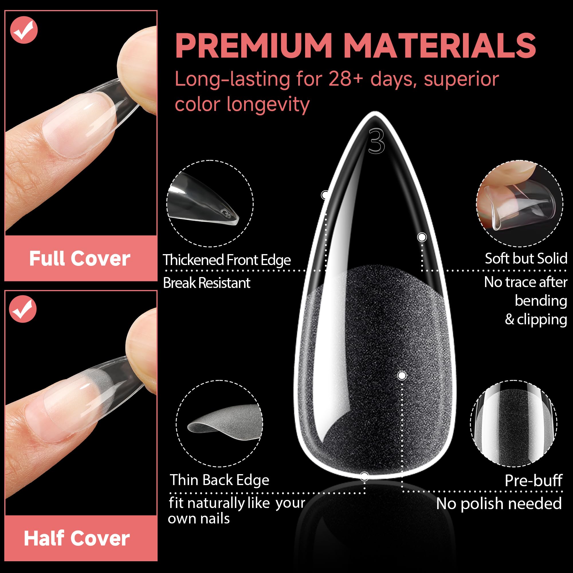 Una Gella Stiletto Gel X Nail Tips Full Cover 312Pcs No C Curve Stiletto Nail Tips Pre-Buff Press On Nails Half Matte Stiletto A