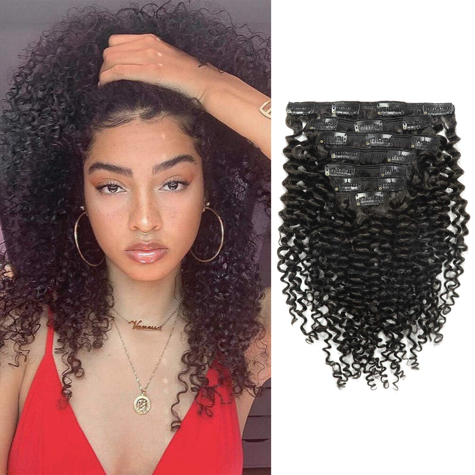 Anrosa Hair Extensions 20Inch Clip In Human Hair Natural Black #1B Spiral Curly Hair Clip In Extensions 3B 3C Type Double Weft B