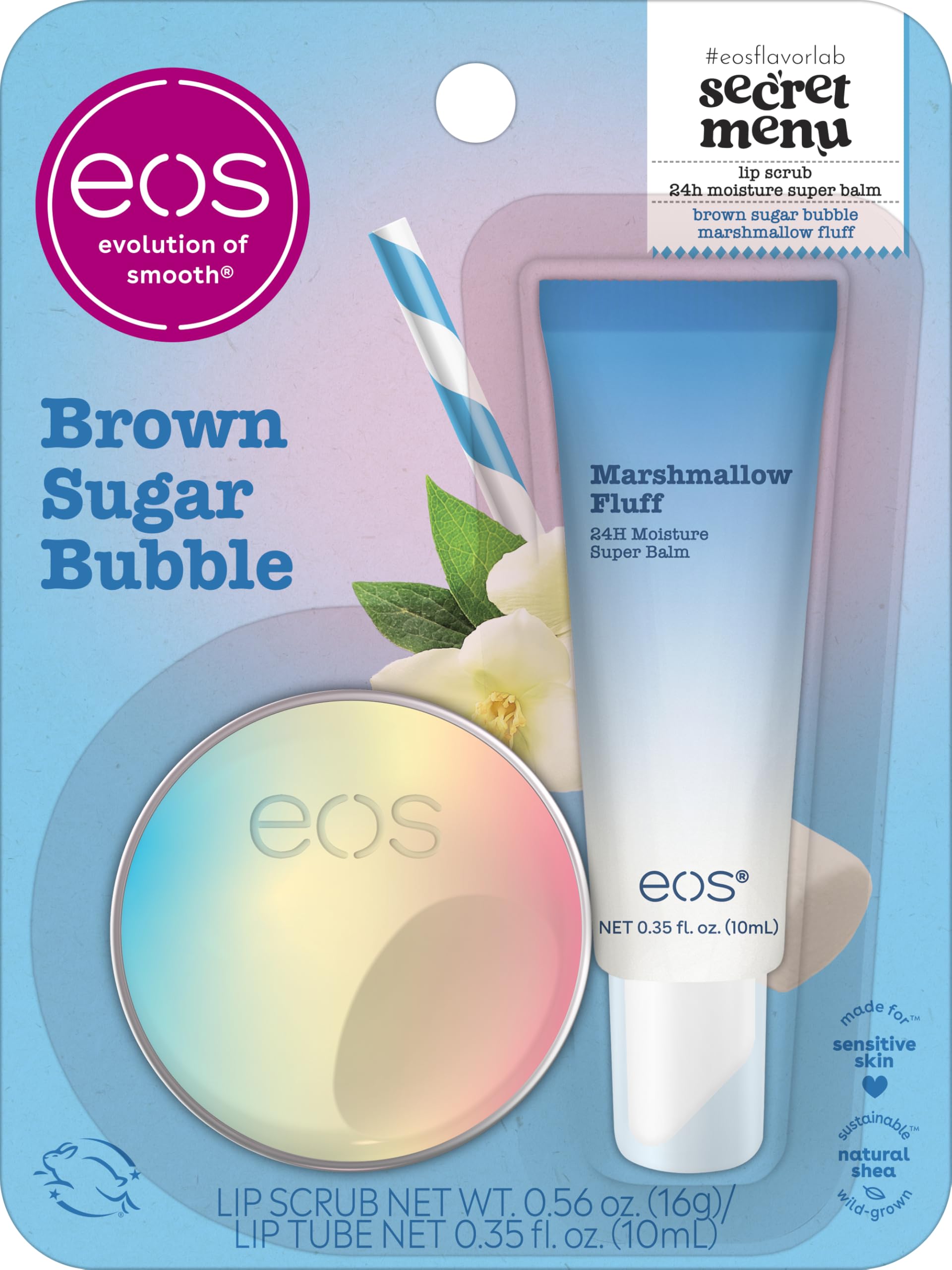 eos Flavor Lab Secret Menu Gift Set - Brown Sugar Boba Lip Scrub & 24H Moisture Super Balm, Limited-Edition Lip Treatment, Nouri