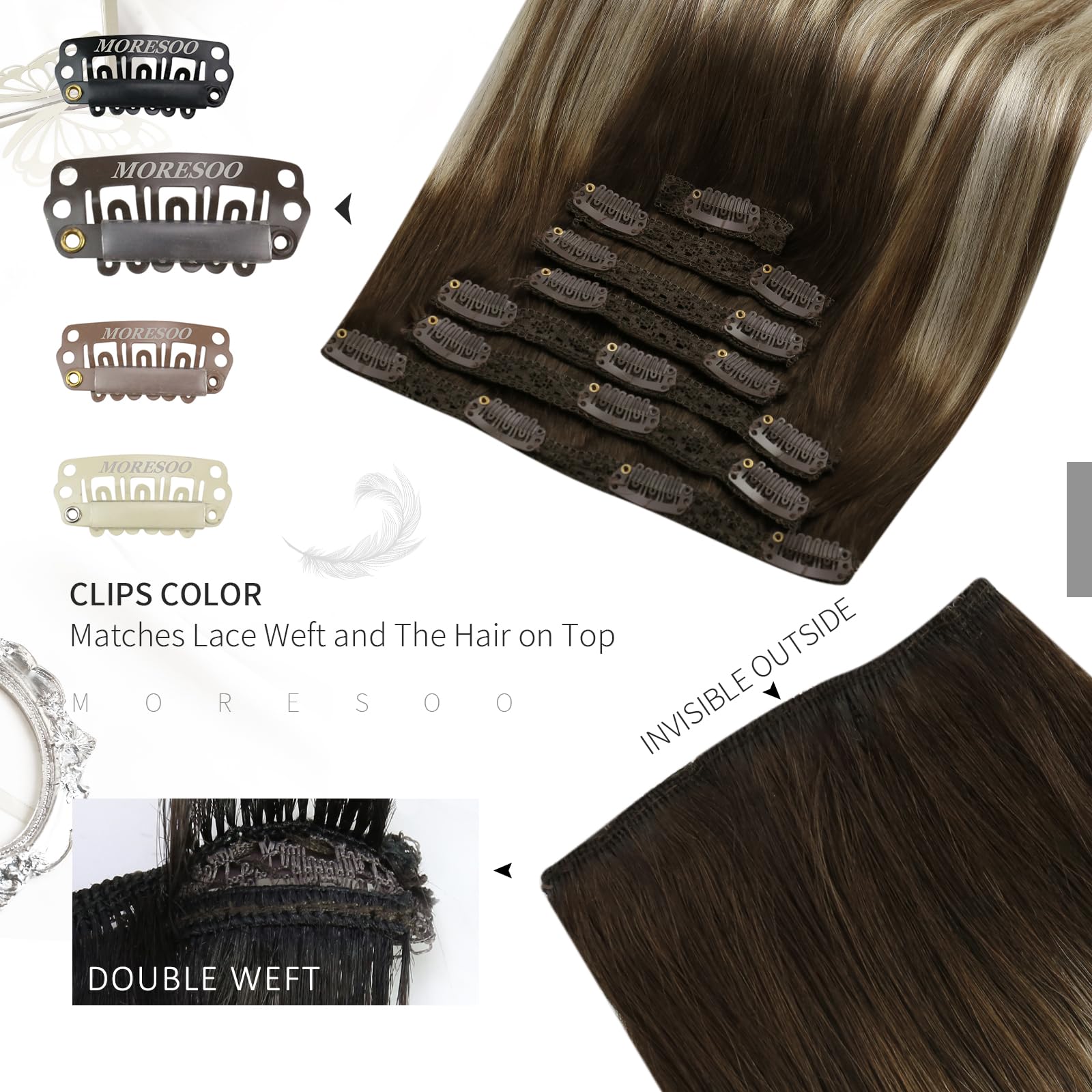 Moresoo Real Hair Extensions Clip In Human Hair Dark Brown To Light Brown Balayage Clip Extensions Medium Blonde Hair Extensions