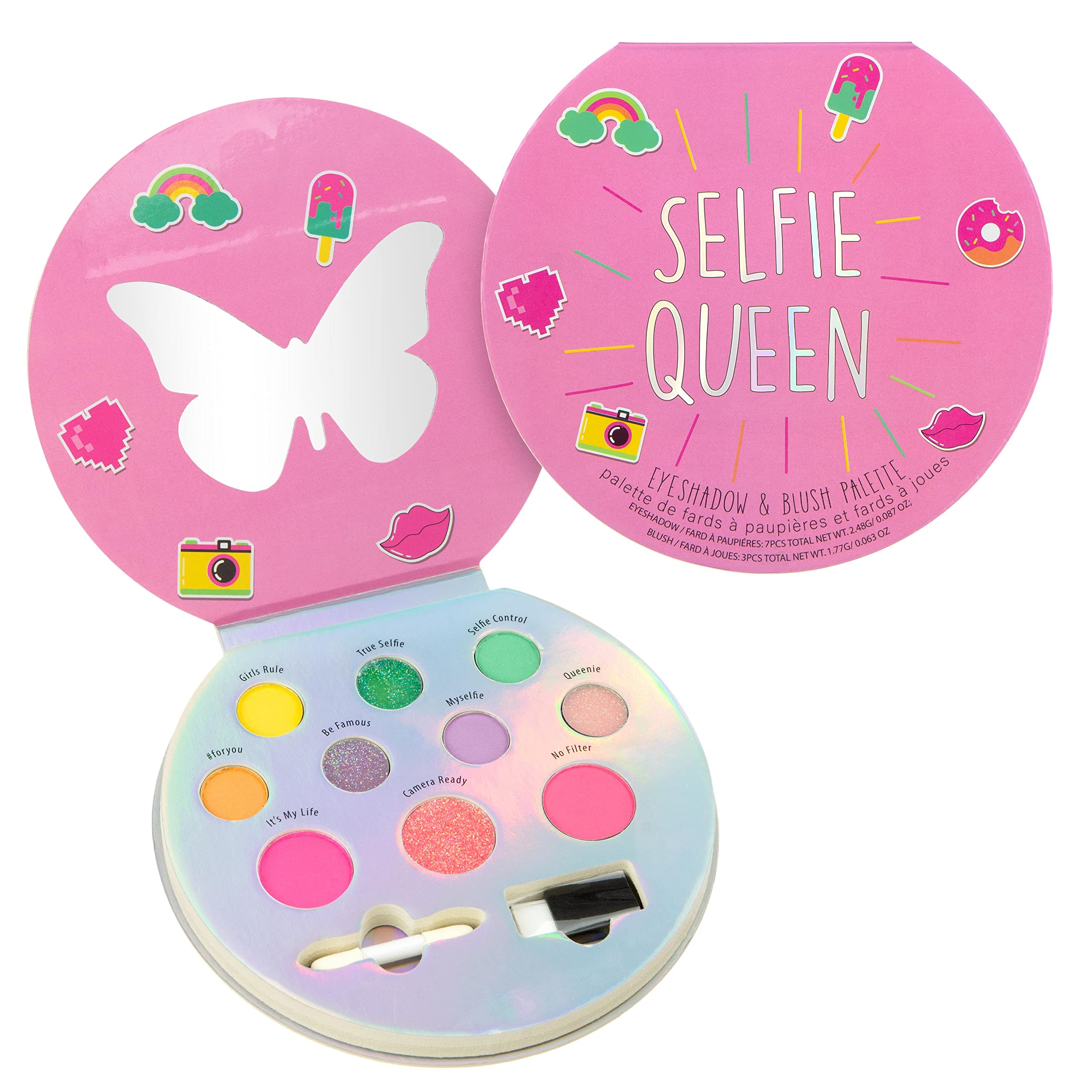 Expressions Selfie Queen Glisten & Glitter Makeup Palette 10 Color Eyeshadow Palette & Blush Makeup Novelty Beauty Set, Fold Out