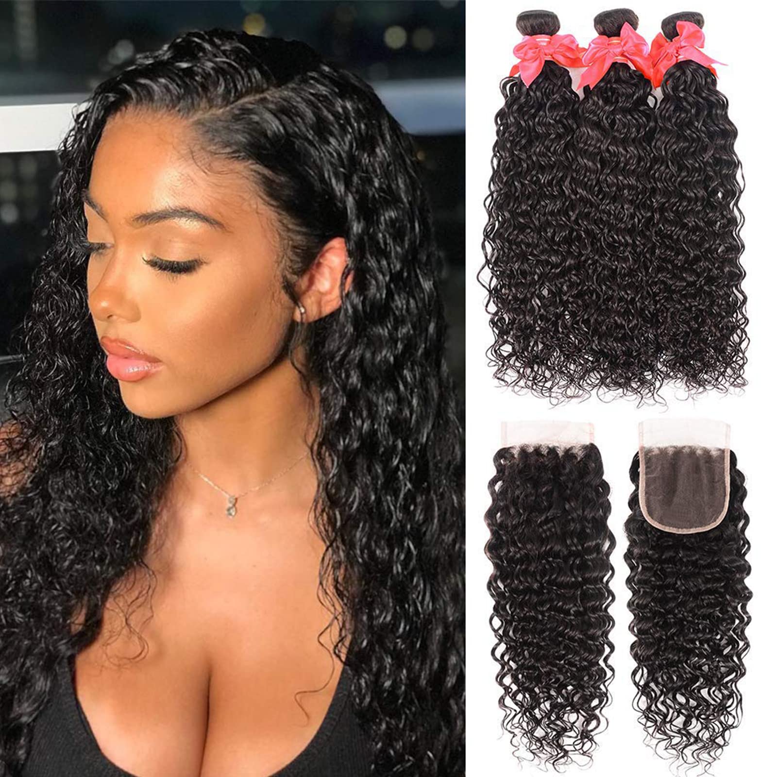 Water Wave 3 Bundles With Closure 8A Ocean Wave Bundles With Closure Wet And Wavy Human Hair Weave 3 Bundles With Closure (18 20