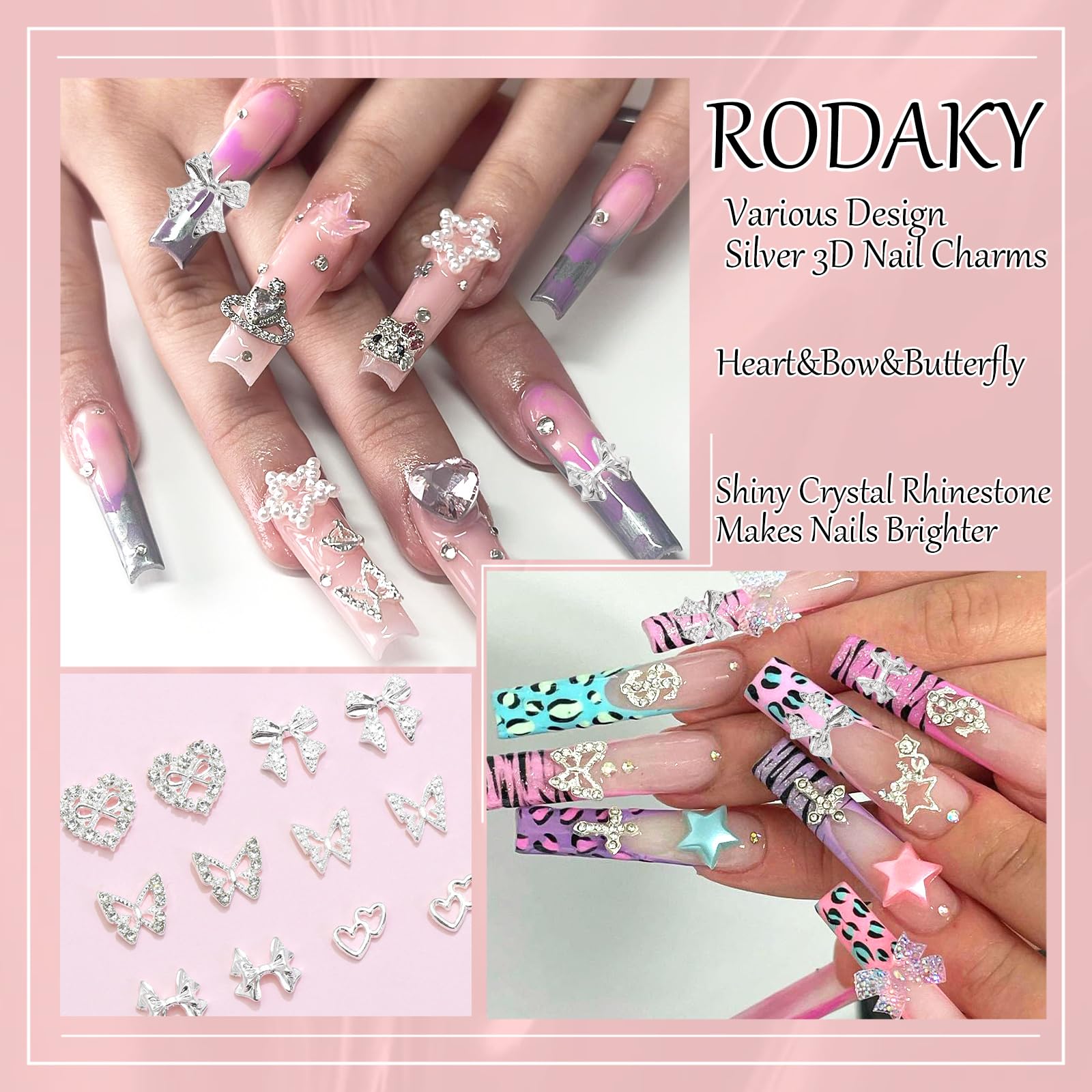 RODAKY 44PCS Silver Nail Charms Bow Butterfly Charms for Nails 3D Heart Nail Gems Y2K Nail Decoration for Women Girls Manicure D