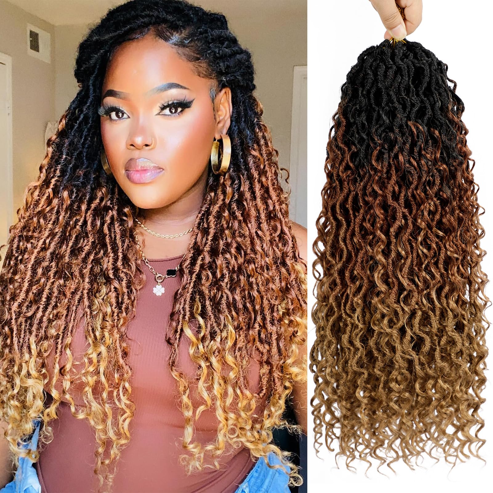 Goddess Locs Crochet Hair 18 Inch 7 Packs Ombre Brown Boho Faux Locs Crochet Hair for Black Women Pre Looped Crochet Locs with C