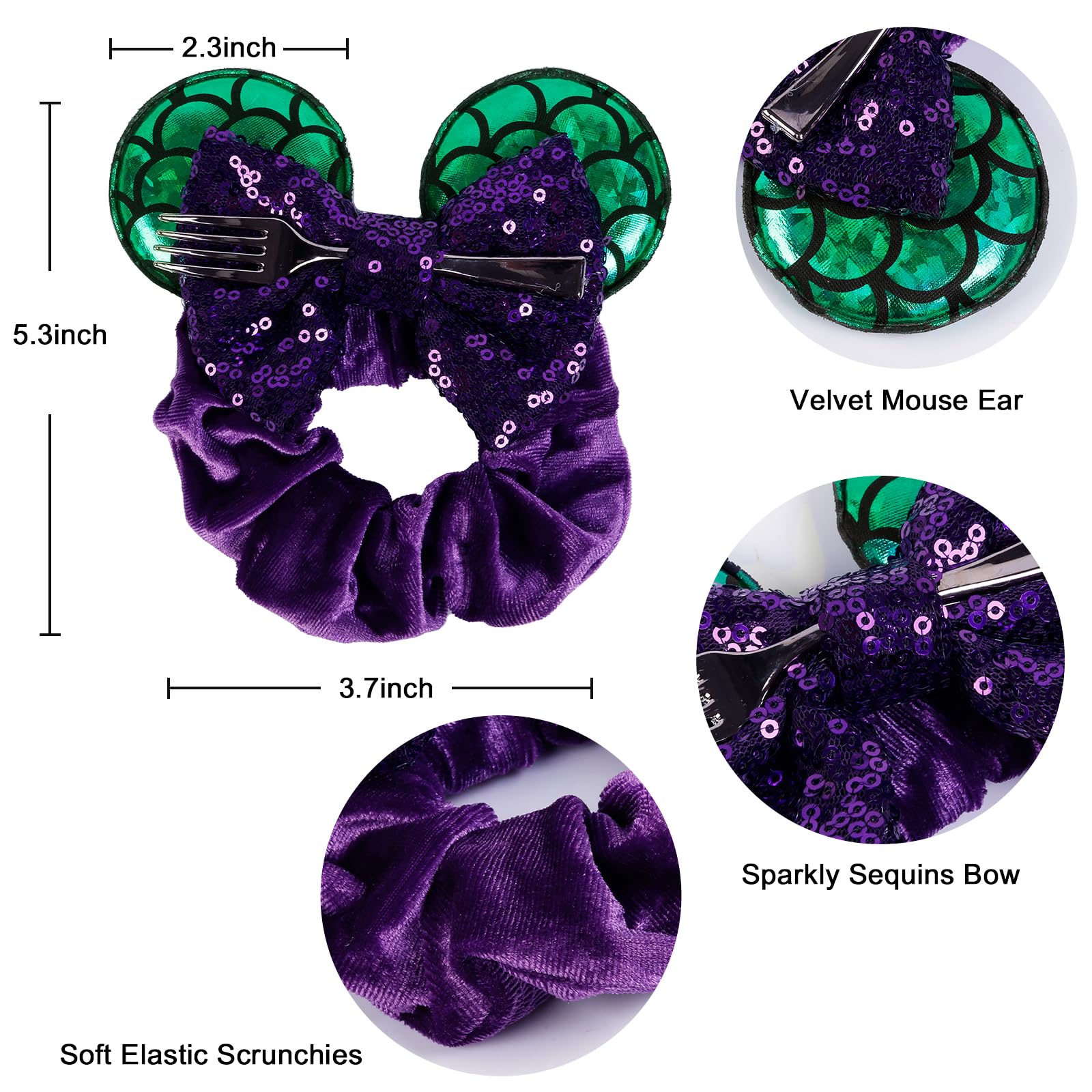 Wovowovo Mouse Ear Hair Scrunchies, 2 Count Mermaids Velvet Hair Ties For Ponytail, Cute Hair Accessories For Women And Girls, P