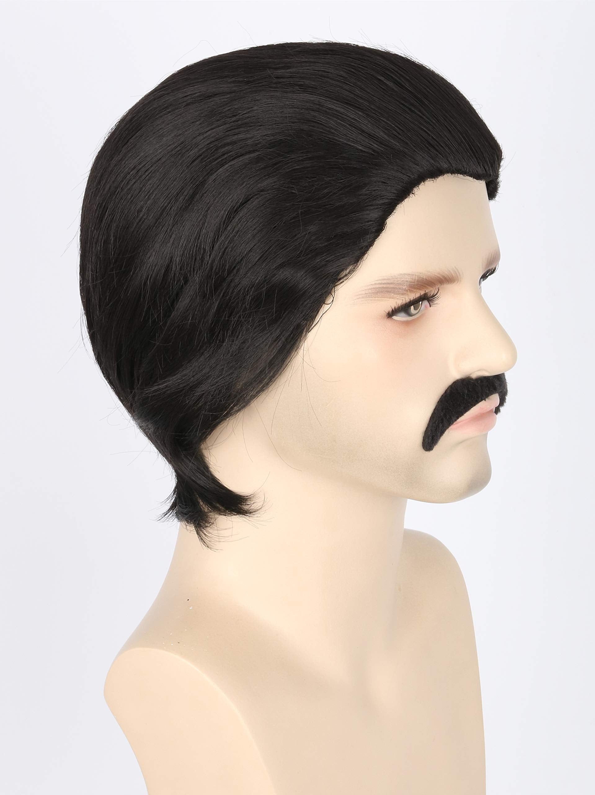 Topcosplay Men'S Wigs Black Short Cosplay Halloween Costume Party Wigs Slicked-Back Wig With Mustache