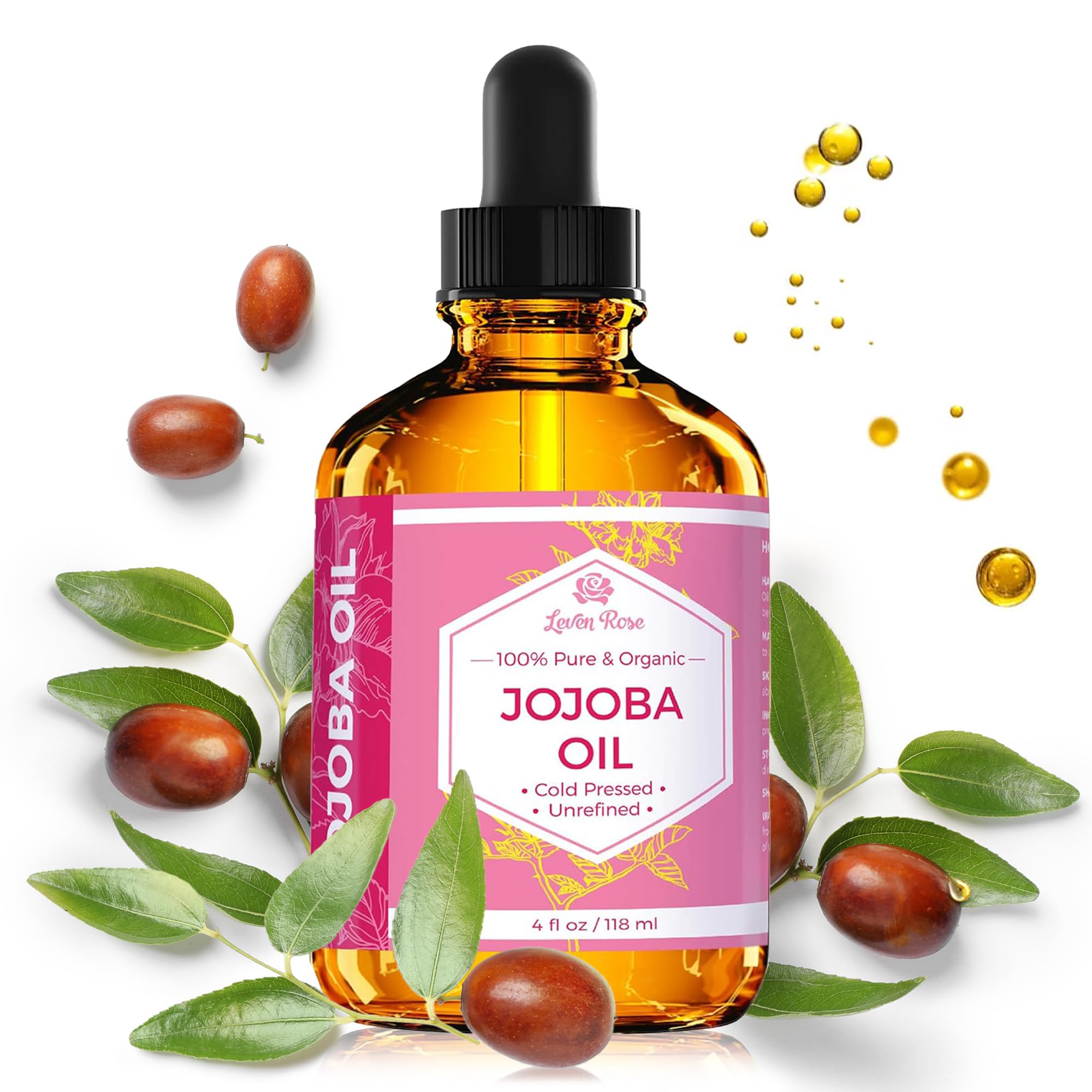 Leven Rose Jojoba Oil, Pure Cold Pressed Natural Unrefined Moisturizer For Skin Hair And Nails, 4Oz