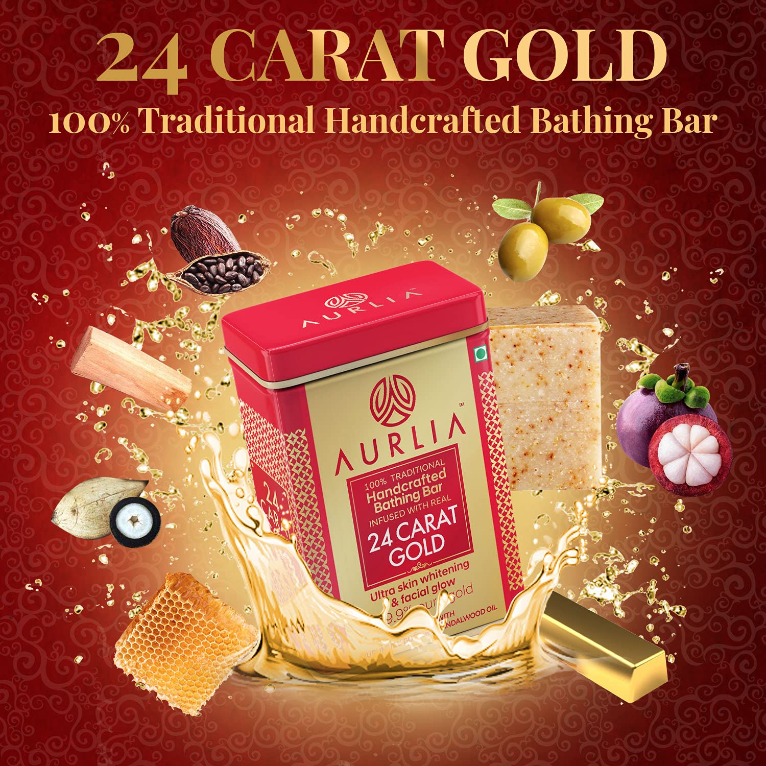 Aurlia 24 Carat Gold Ayurvedic Handcrafted Bathing Bar For All Skin Types -50G*6Pcs (300G)