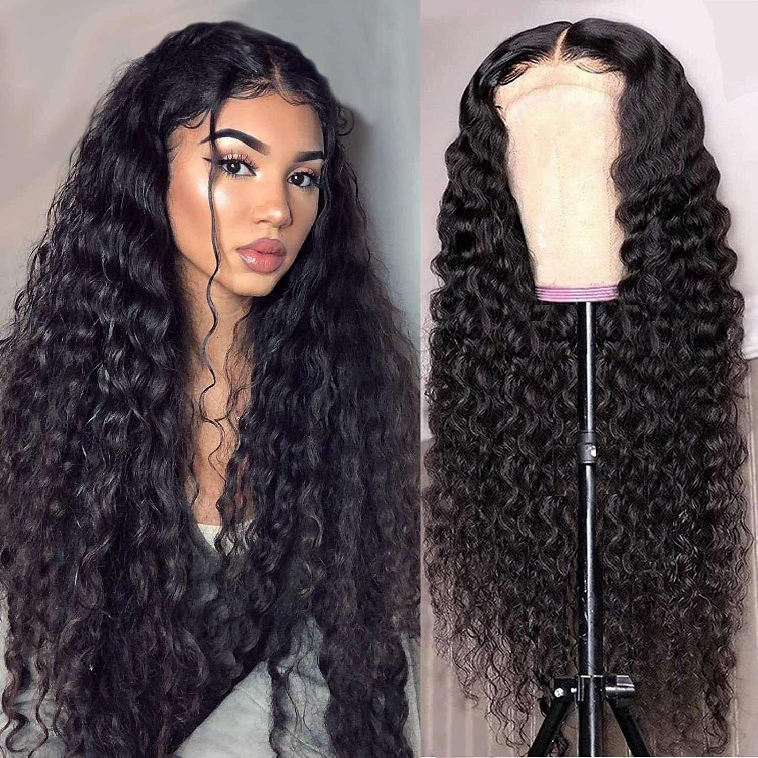 32 Inch Long Human Hair Wig Water Wave Lace Front Wigs Human Hair 180% Density Brazilian Virgin Human Hair 4X4 Curly Wave Lace C