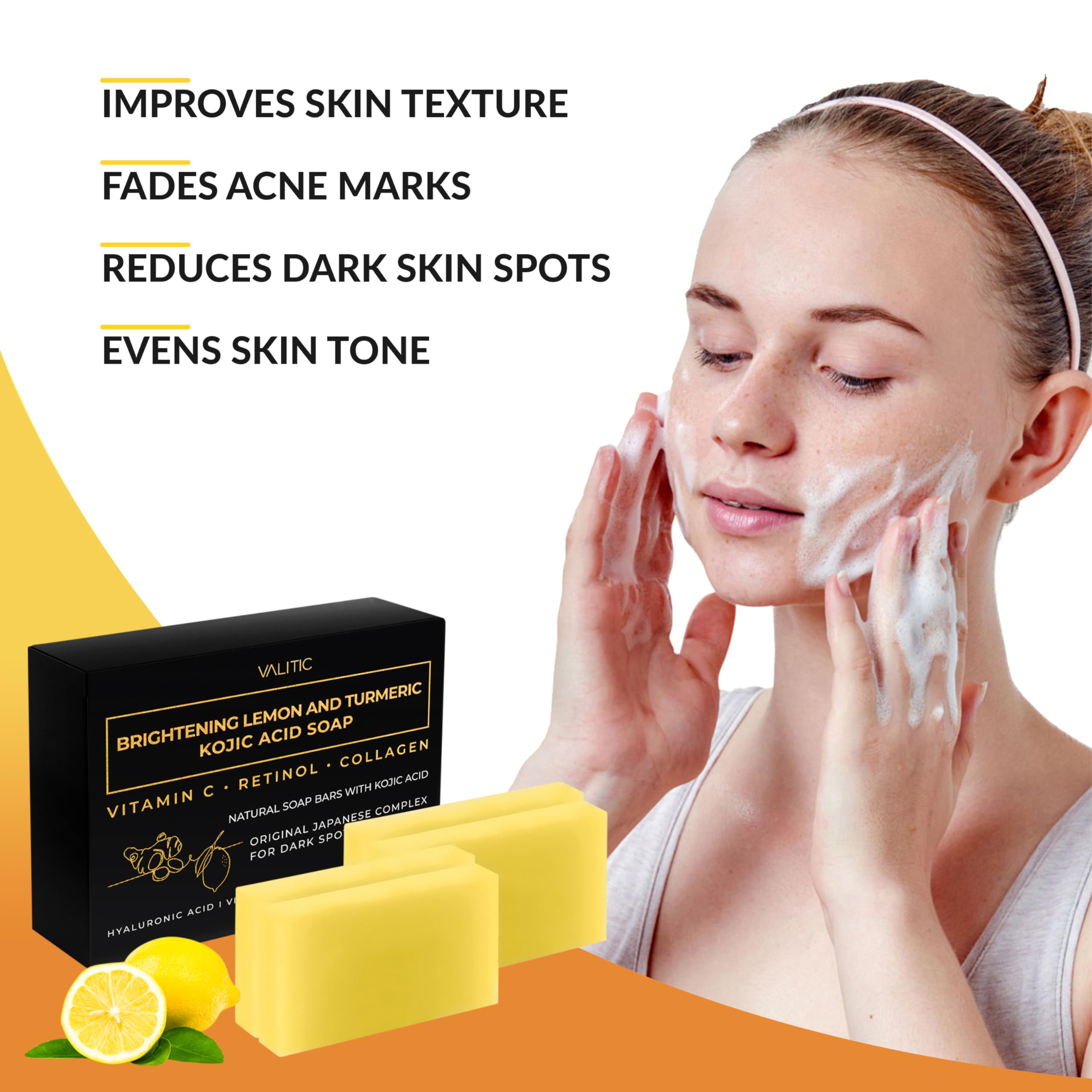 Valitic Brightening Lemon & Turmeric Kojic Acid Soap With Vitamin C, Retinol, Collagen - Original Japanese Complex Infused With