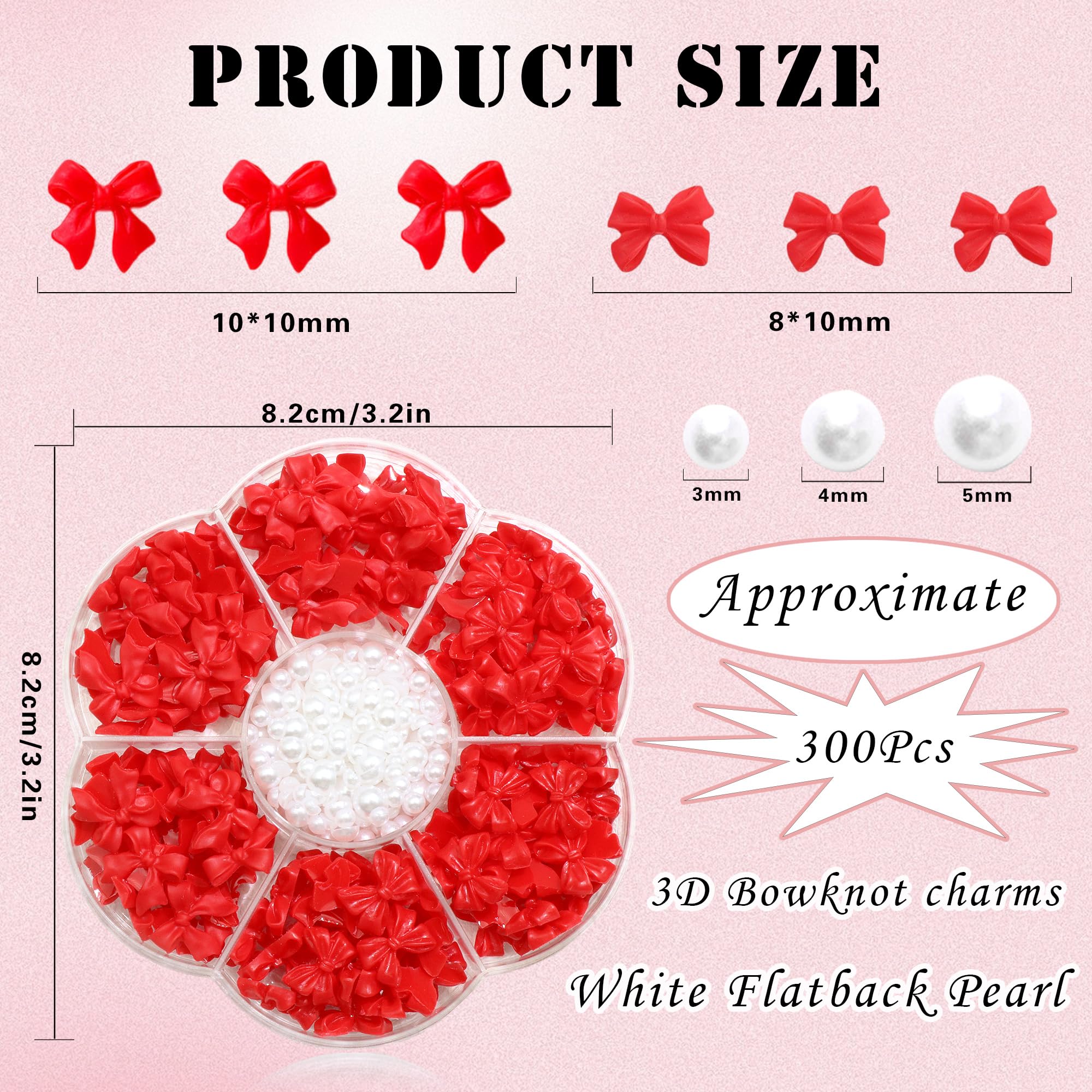 300Pcs Bow Nail Charms And Flatback Pearls,Red Bowknot 3D Cute Nail Charms For Acrylic Nail Supplies Design,3-5Mm White Half Pea