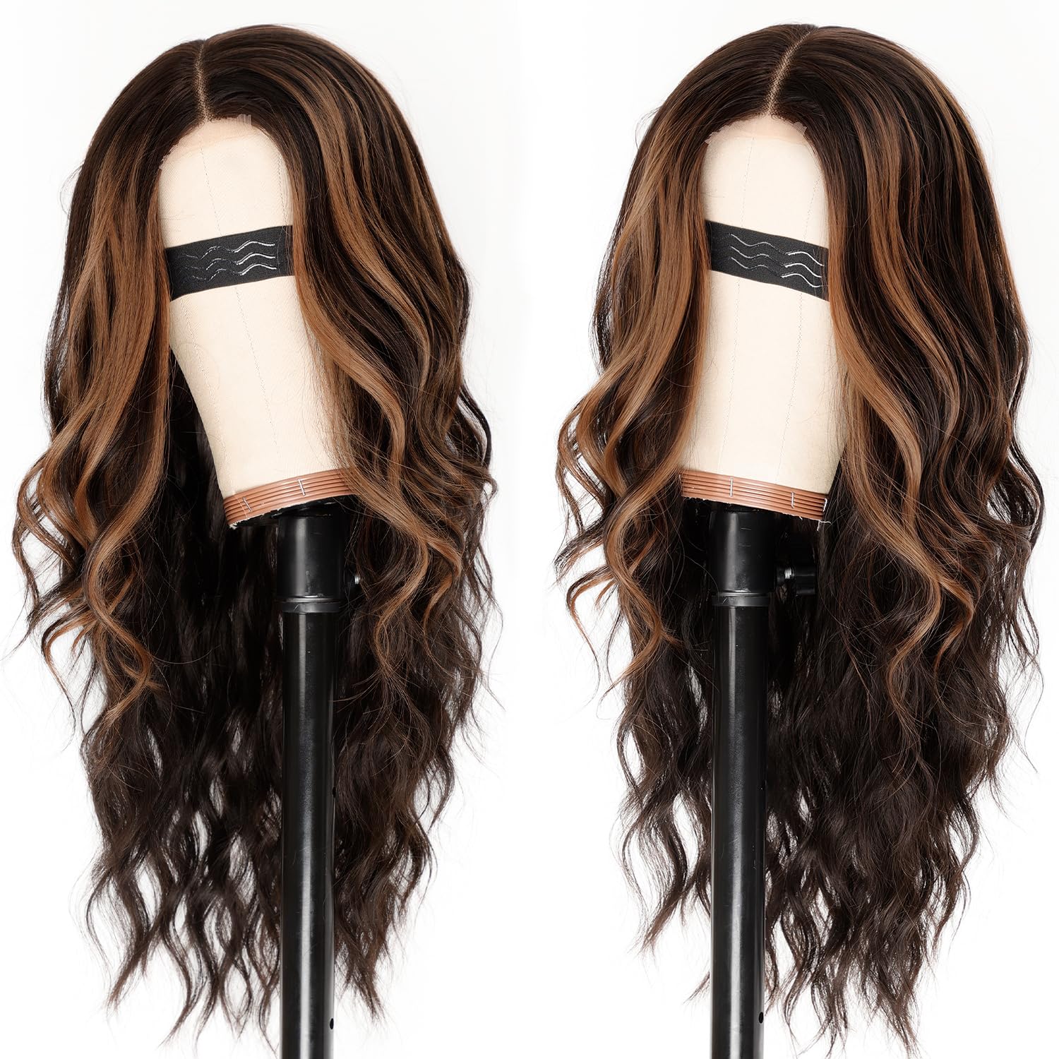 Aisi Hair Dark Brown With Highlights Wig For Women, Long Wavy Lace Hairline Wig, 26 Inch Middle Part Synthetic Heat Resistant Wi