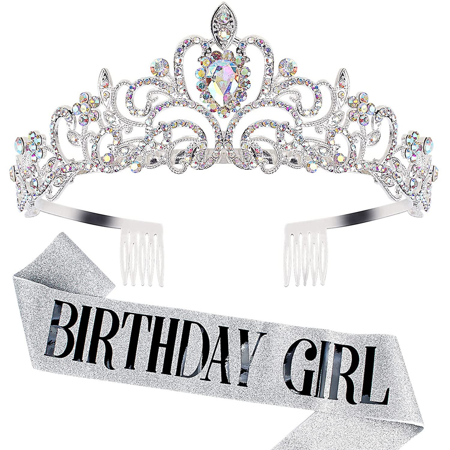 ''Birthday Girl '' Sash & Rhinestone Tiara Set Silver COCIDE Birthday Sash and Tiara for Women Birthday Decoration Kit Rhinesto
