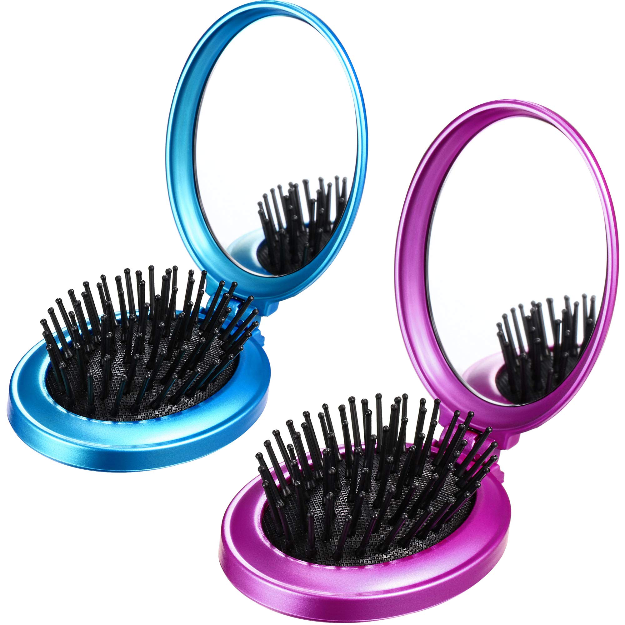 2 Pieces Travel Mirror Hair Brushes - Round Pocket Brush, Mini Compact Massage Comb For Women And Girls (Blue, Purple)