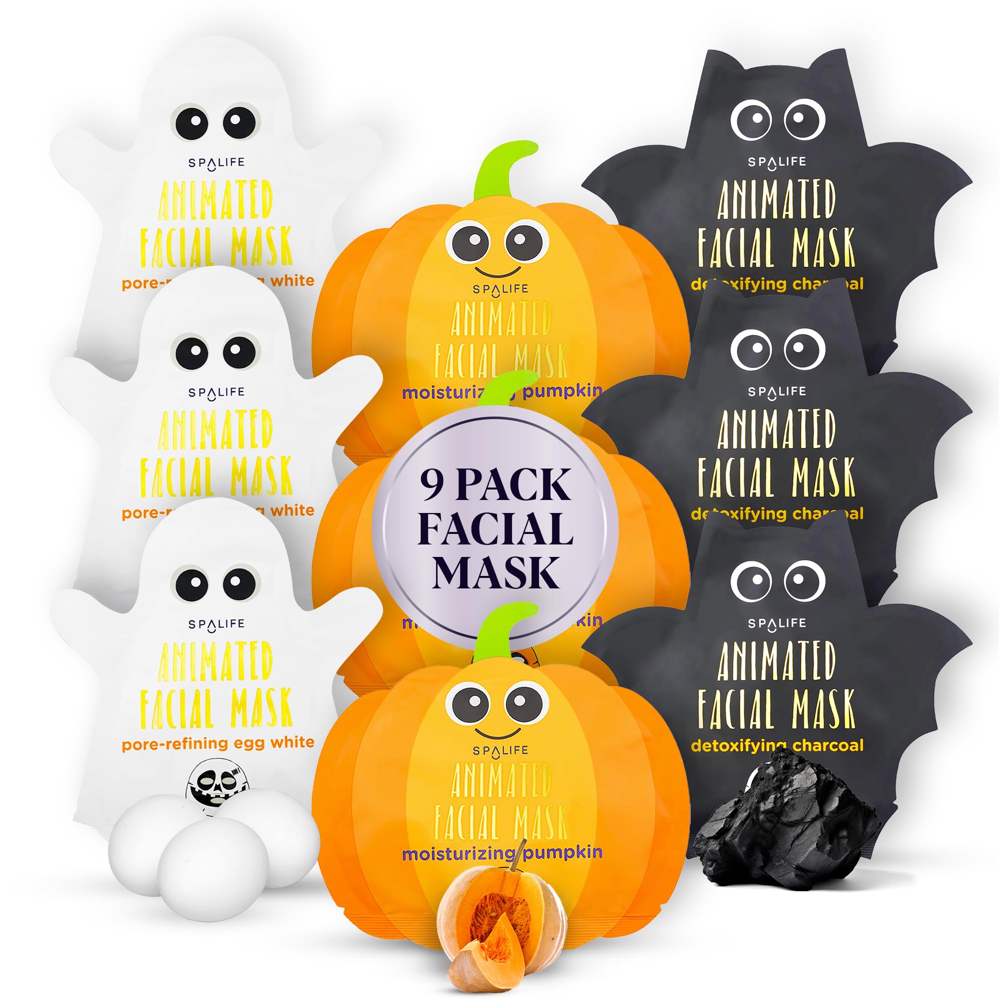 Spalife Facial Mask Sheet Bundle - Pumpkin, Ghost, Bat - Halloween Character Mask Bundle - Face Masks For Skin Care - Moisturizi