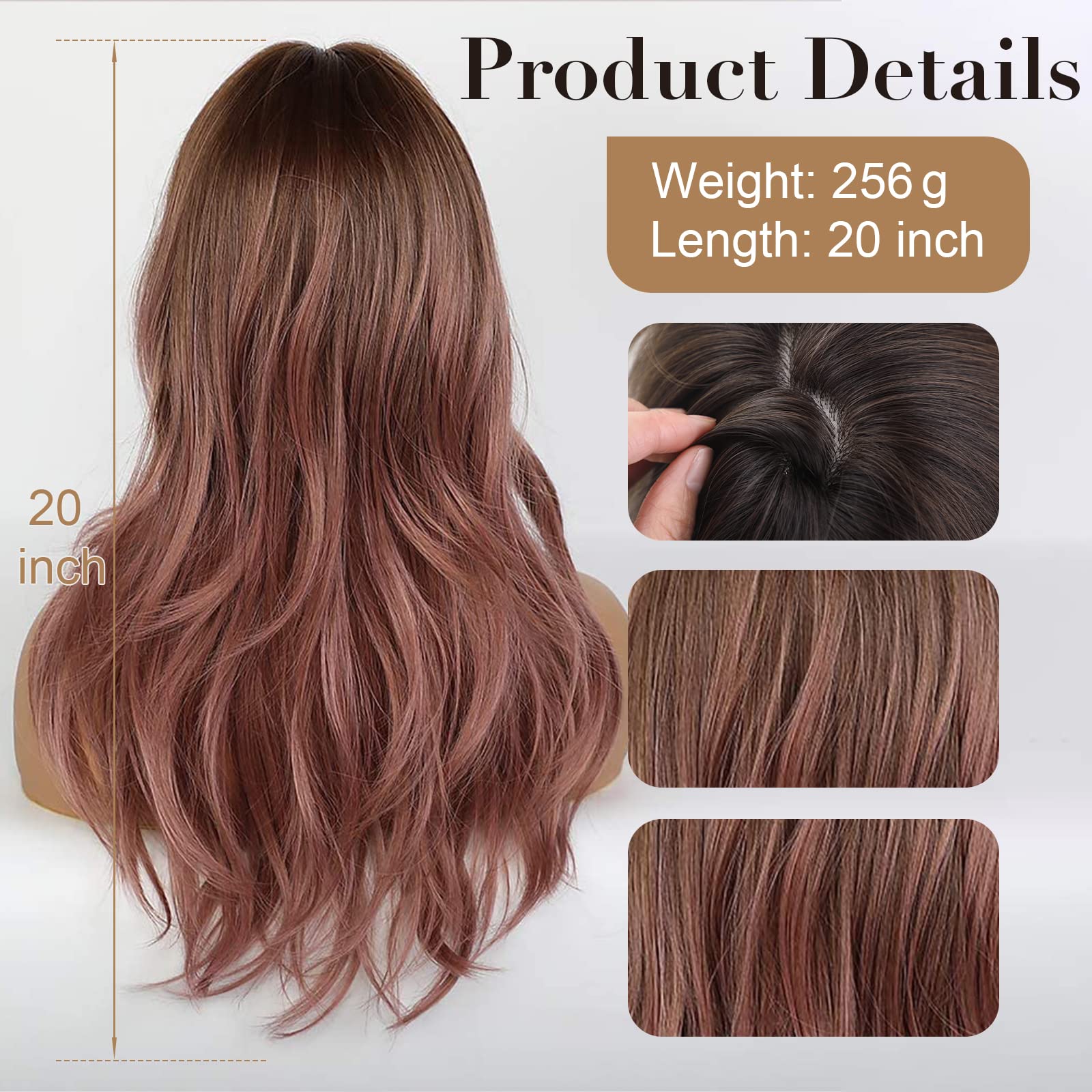 Emmor Long Wavy Wigs With Bangs Purple Pink Wigs For Women, 20 Inch Natural Curly Hair Wig With Air Bang Synthetic Ombre Wigs, P