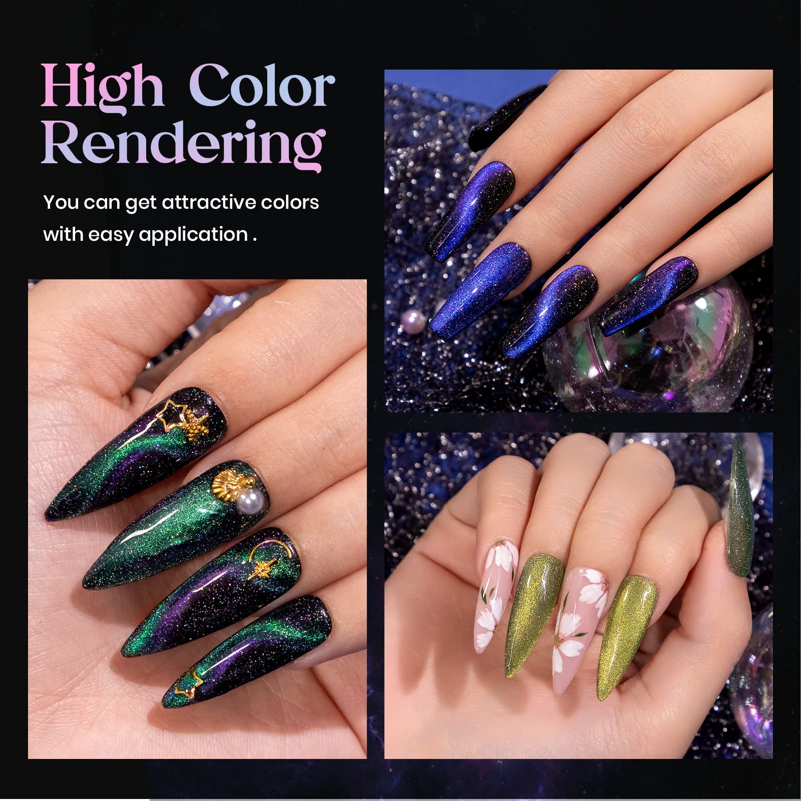 Mizhse Reflective 9D Cat Eye Gel Nail Polish, Glitter Magnetic Gel Polish Set With 2 Magnet Sticks, Chameleon Magic Effect Holog