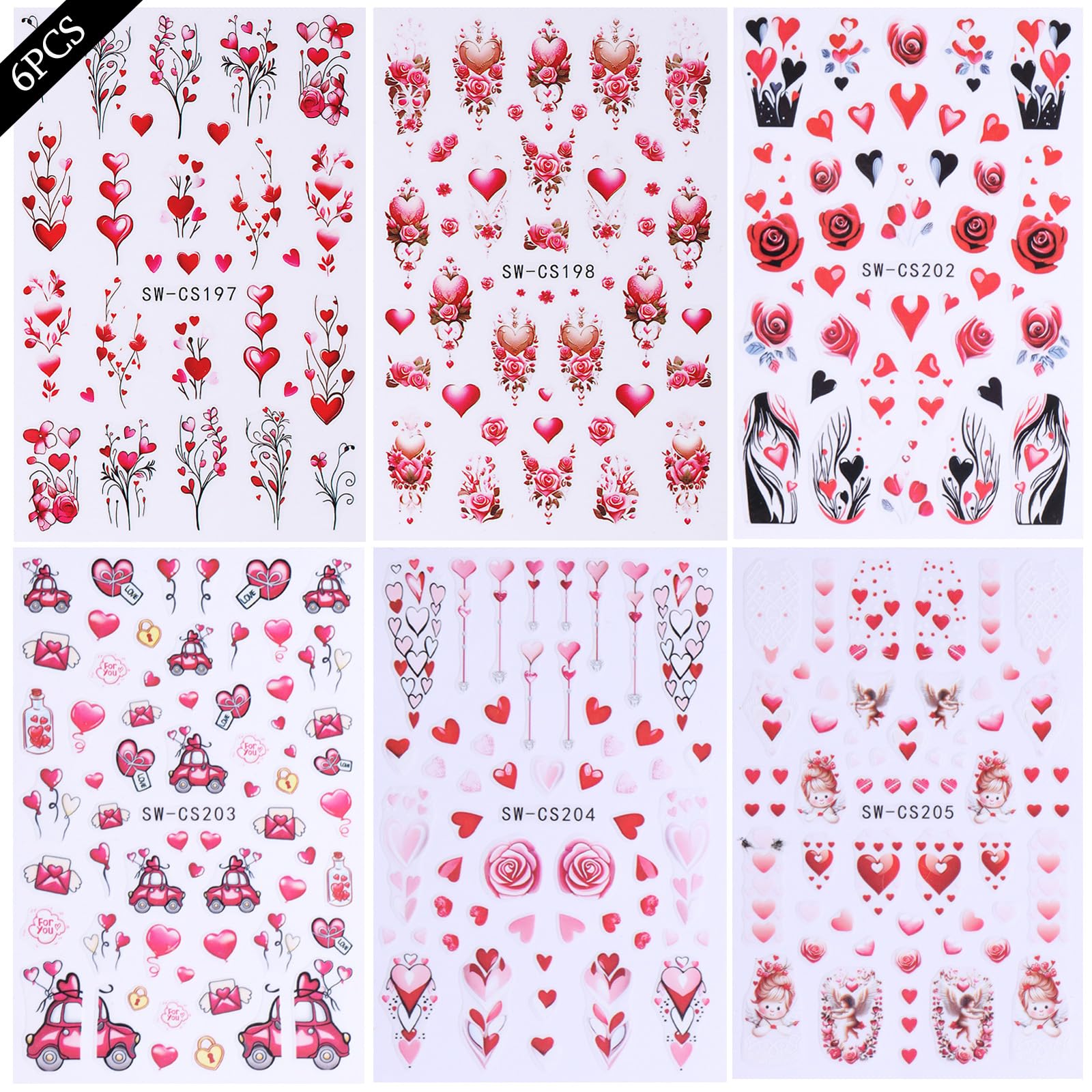 6 Sheets Valentines Day Nail Art Stickers 3D Self Adhesive Hearts Rose Love Car Nail Decals Romantic Design Acrylic Nail Sticker