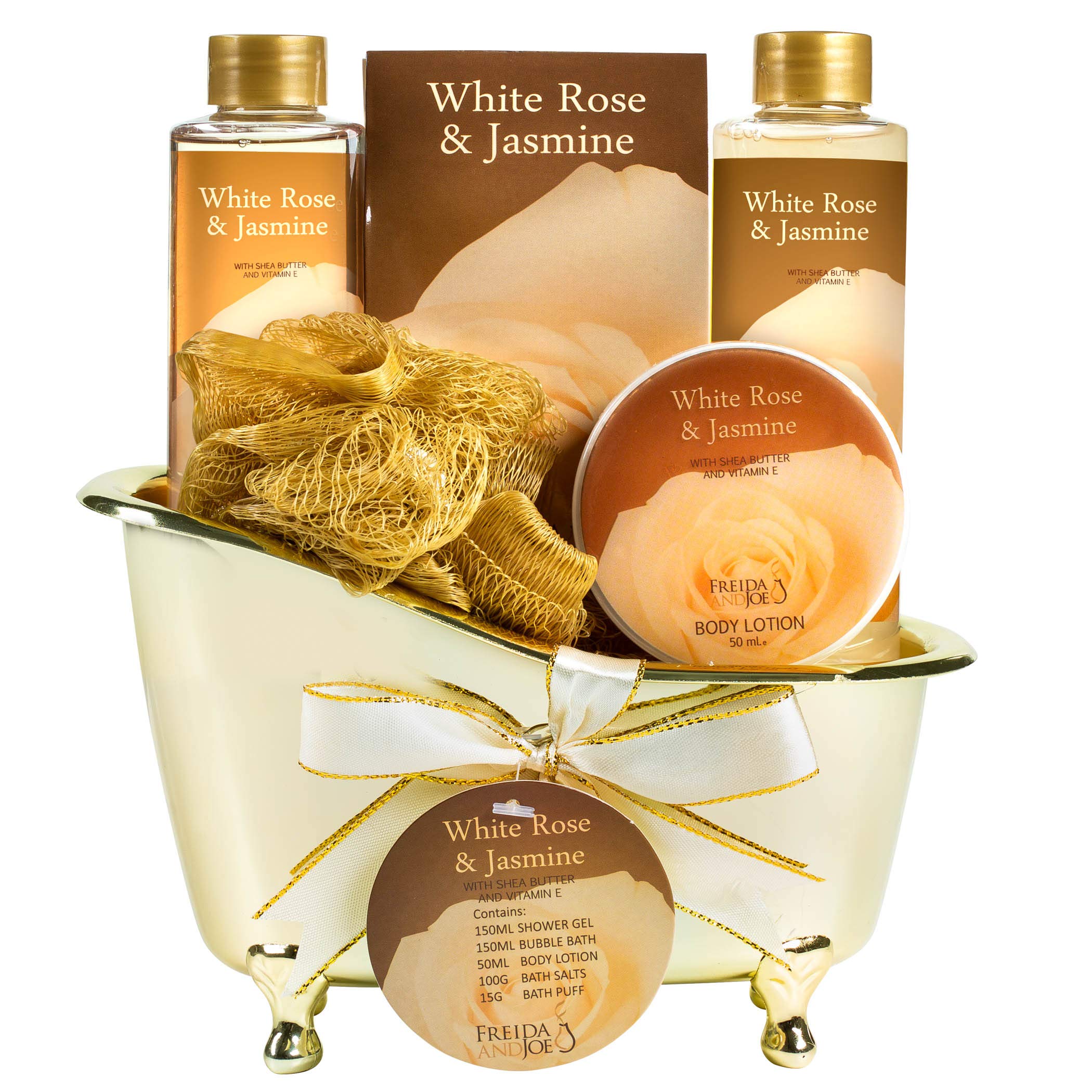 White Rose Jasmine Spa Set For Women In Elegant Gold Tub Includes Shower Gel, Bubble Bath, Body Lotion, Jasmine Bath Salt, Pouf,