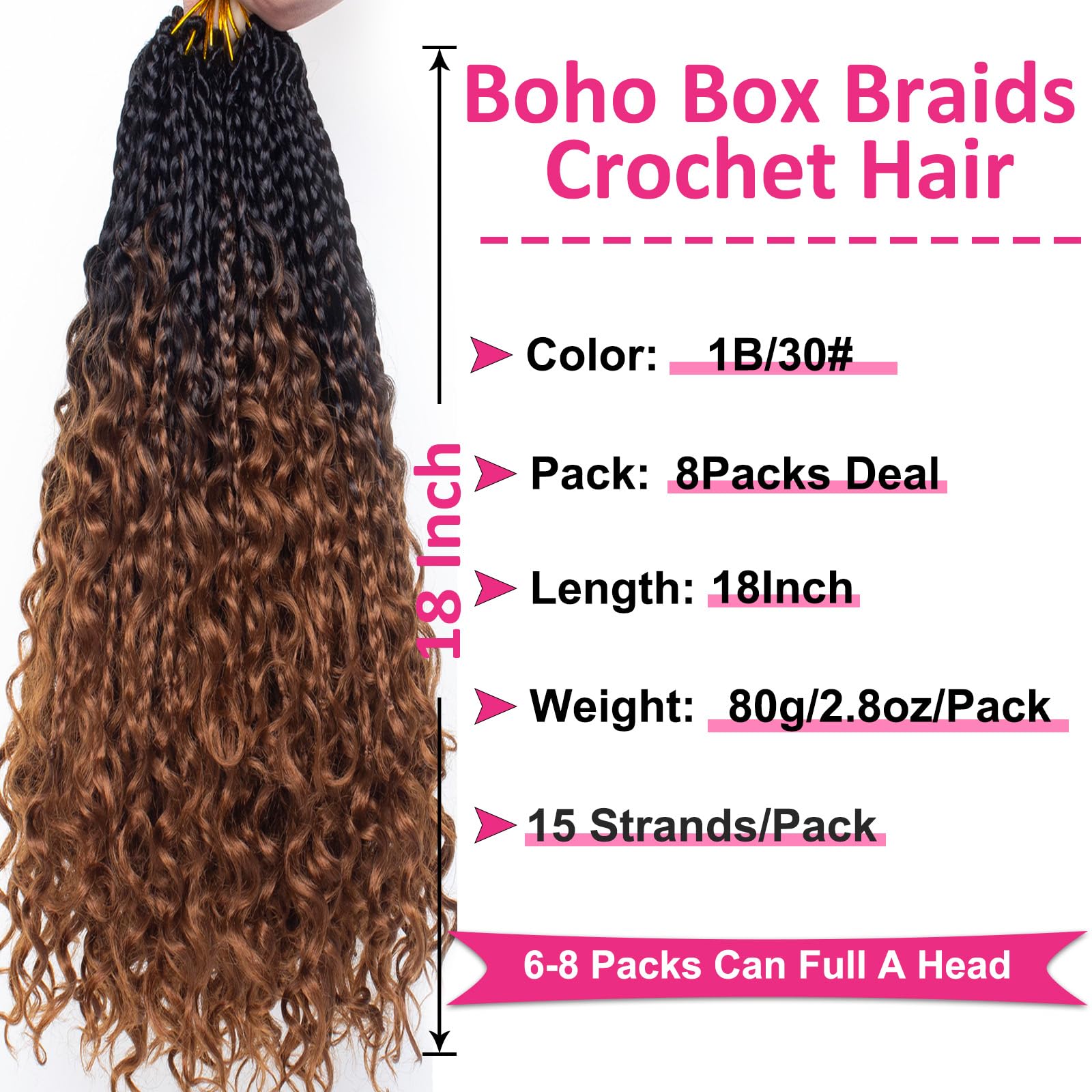 Unionbeauty 18 Inch Boho Box Braids Crochet Hair Pre-Looped 8 Pcs Messy Goddess Braids Curly Ends Bohemian Hippie Locs Crochet B