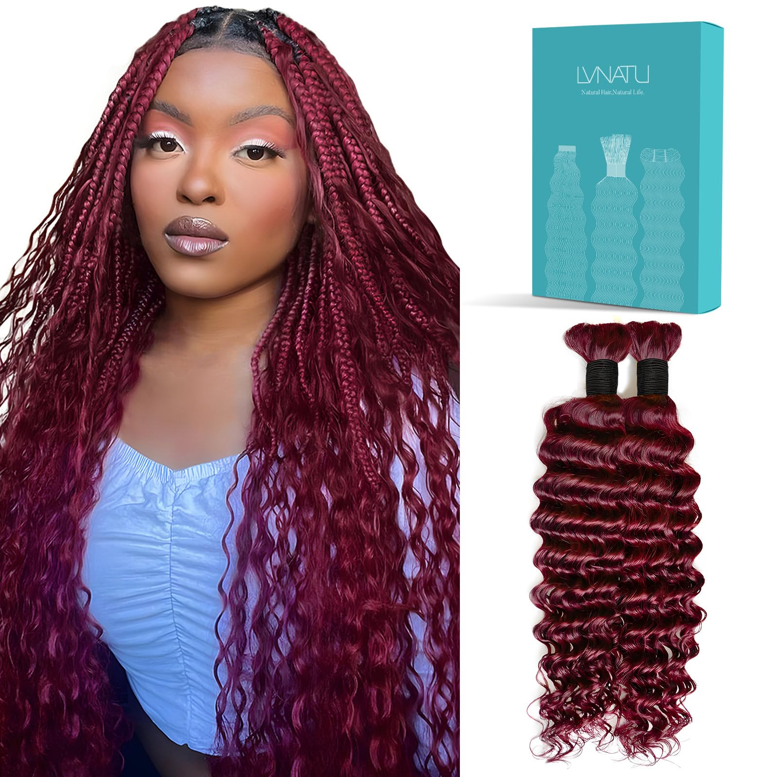 Lvnatu Burgundy Human Braiding Hair 99J for Boho Braids Bohemian Knotless Wet and Wavy Deep Wave Curly Curls Bulk No Weft 2 Bund