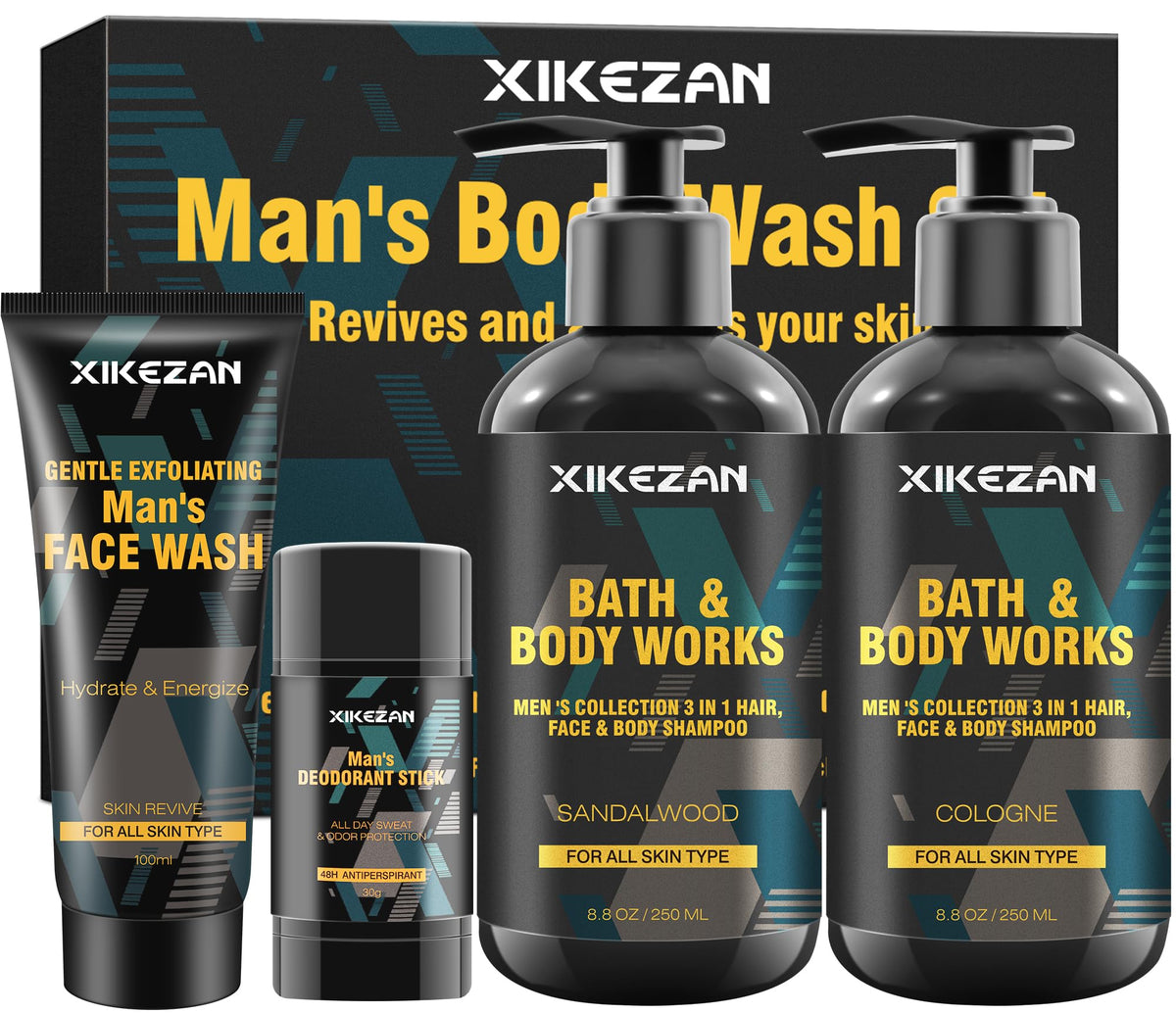 Gifts for Men,Mens Body Wash Gift Set Cleansing & Hydrating Skin w/Face Wash,Deodorant,Sandalwood & Cologne 3 in 1 Hair,Face & B