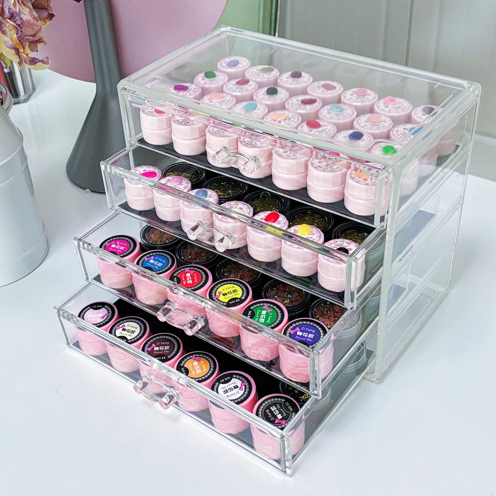 Guolich 4 Tier Nail Organizers and Storage Transparent Acrylic Nail Art Jewelry Accessories Storage Box Rack Shelf Display Stand