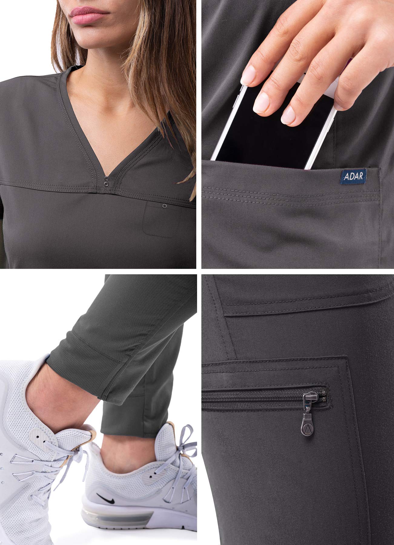 Adar Pro Movement Booster Scrub Set for Women - Sweetheart V-Neck Scrub Top  Yoga Jogger Scrub Pants - P9400 - Pewter - 2X