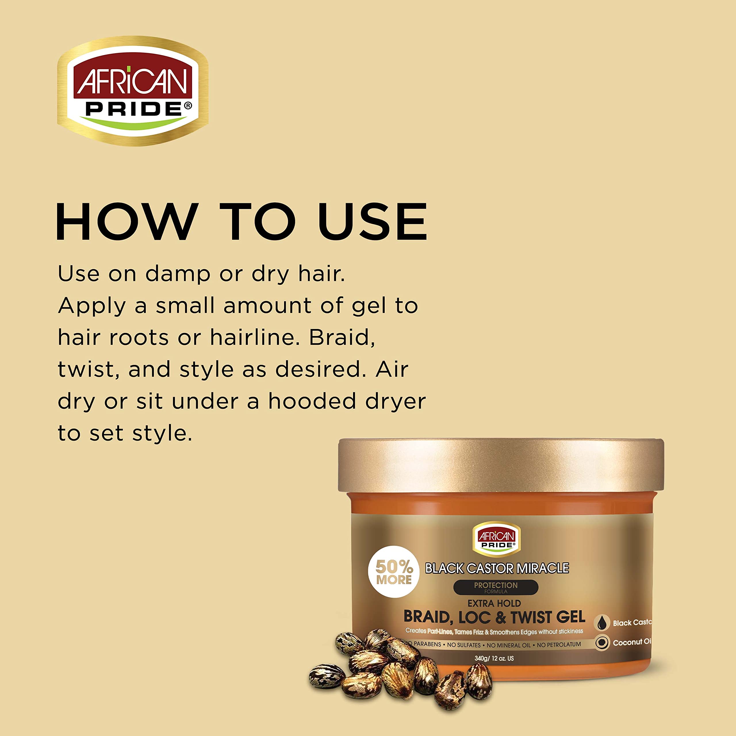African Pride Black Castor Miracle Extra Hold Braid, Loc, Twist Gel - Tames Frizz & Controls Edges, No Parabens, No Sulfates, No