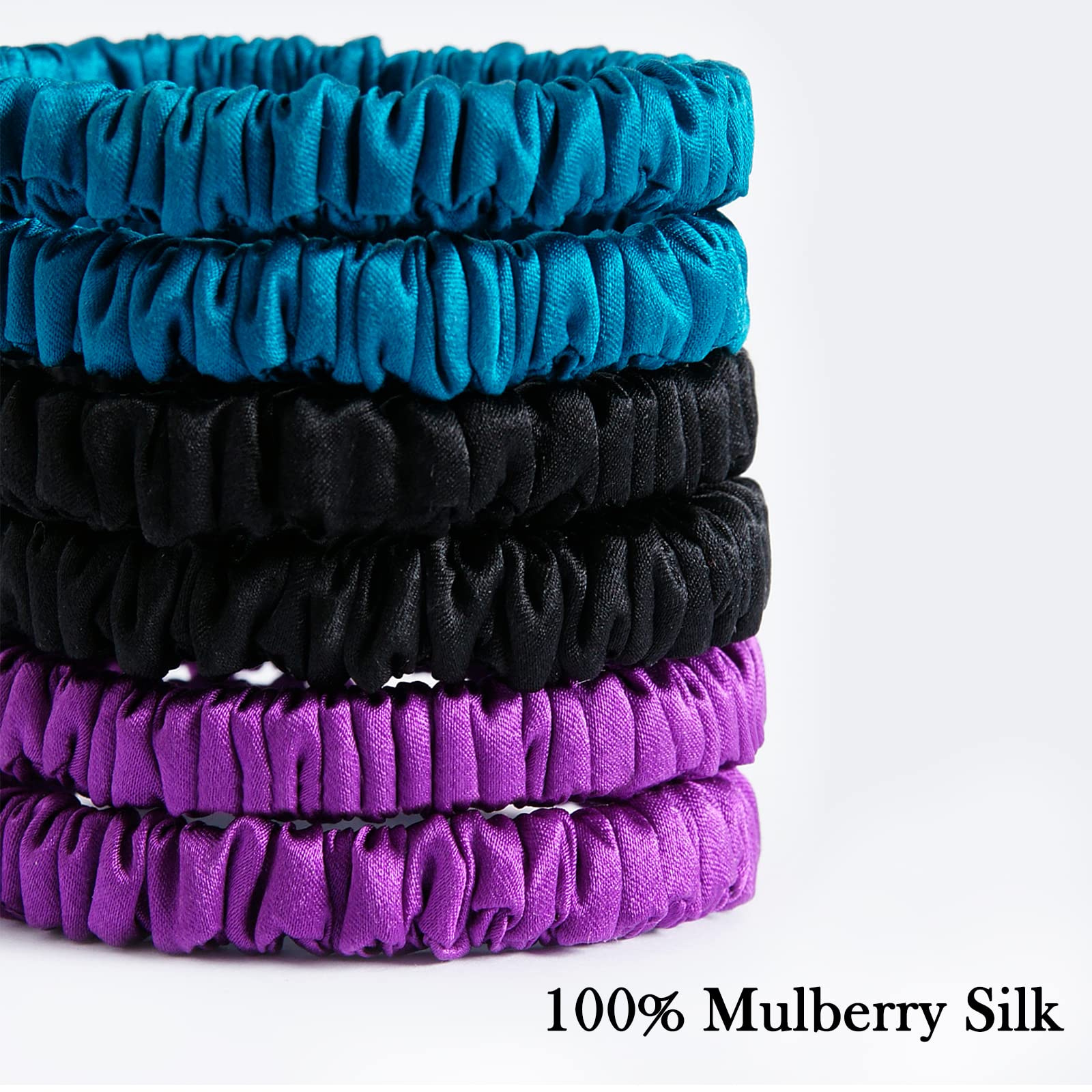 Sobonny 6 Set 100% Pure Mulberry Silk Hair-Friendly + Luxurious Elastic Skinny Scrunchies Travel Pouch Everyday Hair Ties Elasti