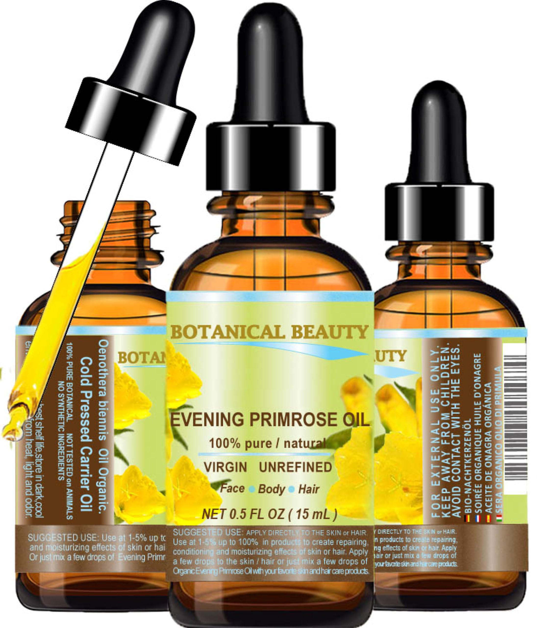 Botanical Beauty Evening Primrose Oil 100% Pure Natural Undiluted Unrefined Virgin Cold Pressed Carrier Oil. 0.5 Fl.Oz.- 15 Ml F
