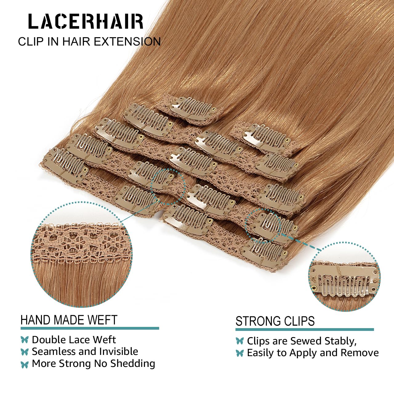 Lacer Clip In Hair Extensions Human Hair Silky Straight Thick Remy Hair Extensions Auburn Brown Color Clip In Human Hair Metal C