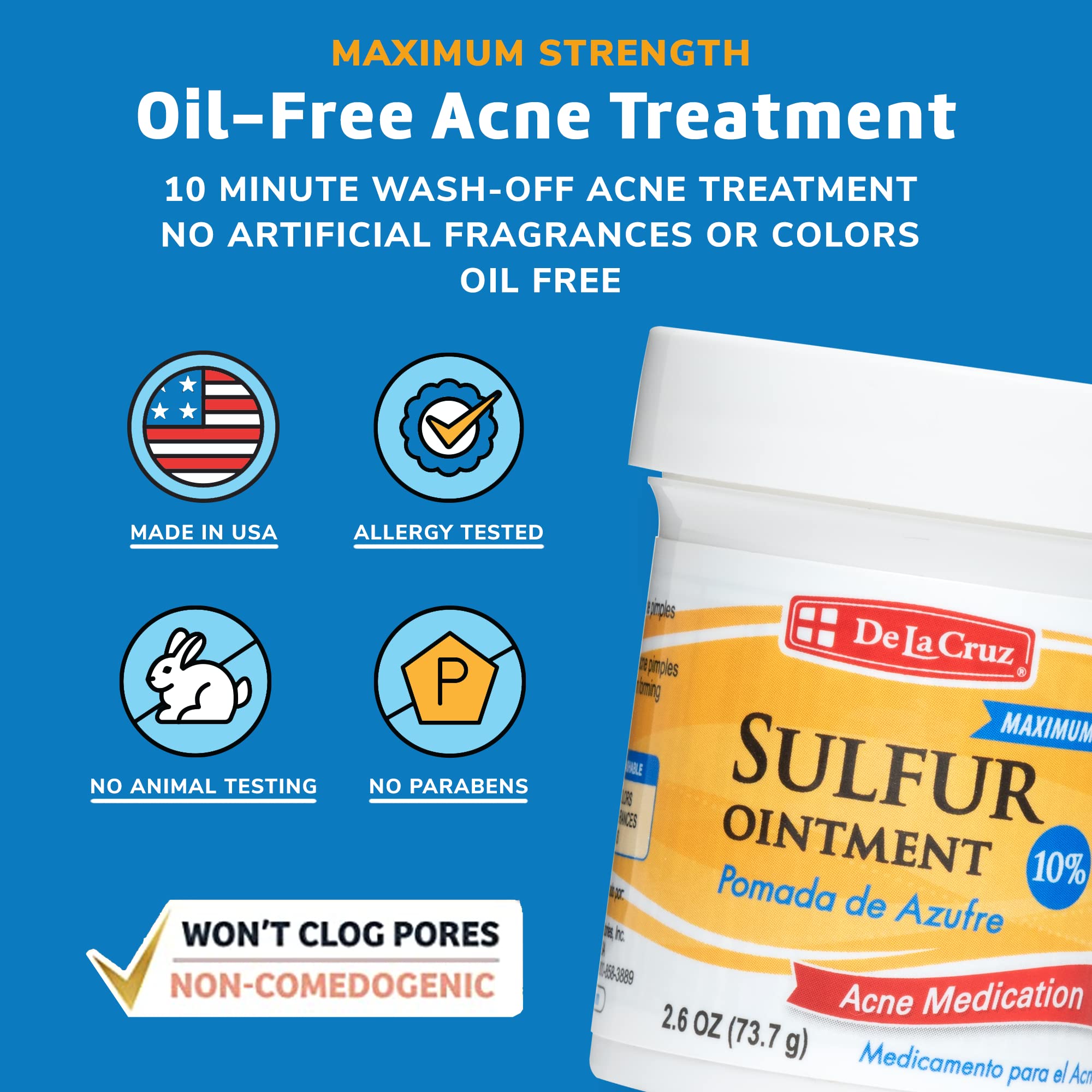 De La Cruz 10% Sulfur Ointment - Cystic Acne Treatment for Face and Body - Daily 10 Min Spot Treatment Mask Safe and Effective G