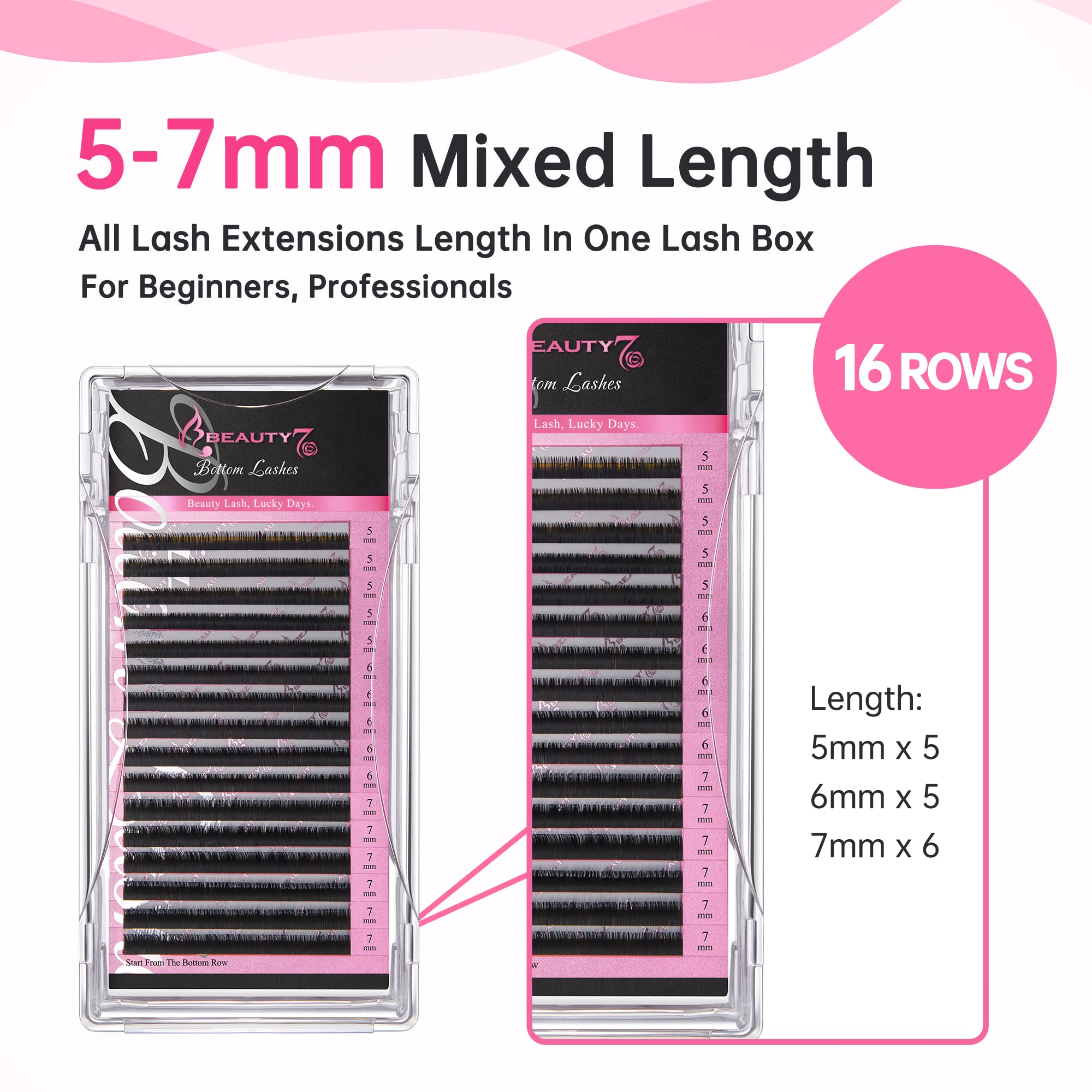 Beauty7 Mixed Volume Under Bottom Lower Individual False Eyelash Extension Tray Matte Synthetic Mink Lash (0.1 Thickness, C Curl